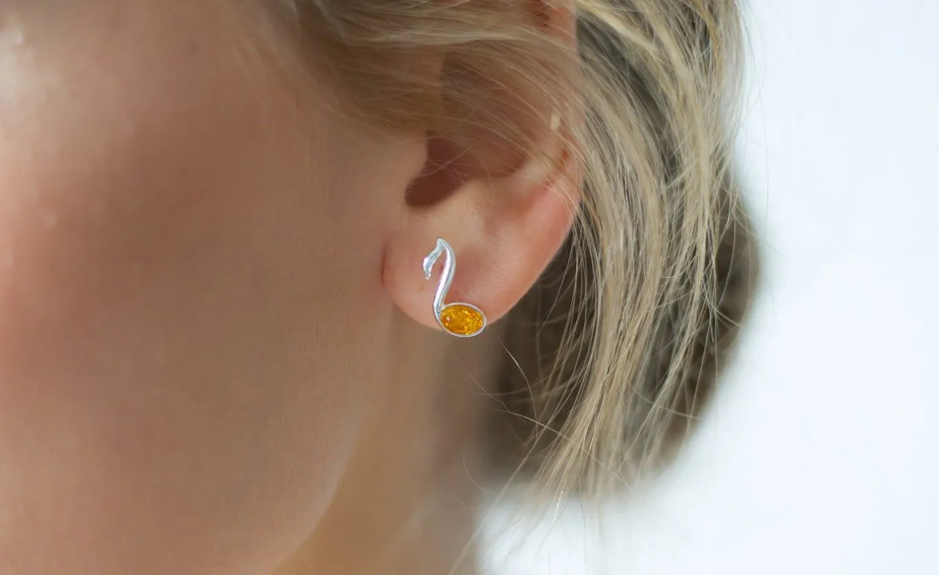 Amber Music Note Stud Earrings - Sterling Silver & Baltic Amber