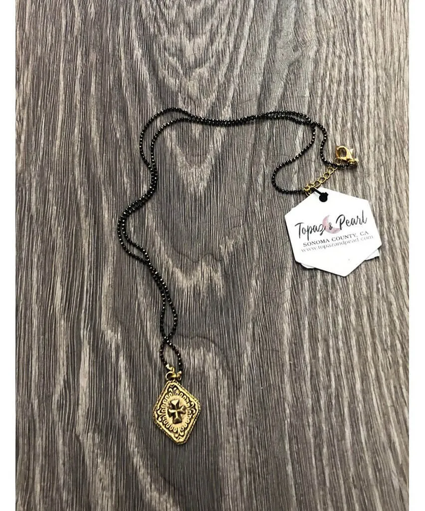 Antique Gold Cross Necklace Black