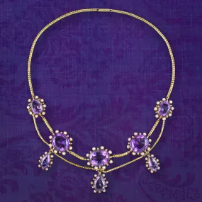 Antique Victorian Amethyst Pearl Festoon Necklace 18ct Gold