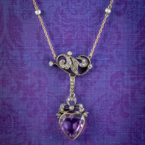 Antique Victorian Diamond Pearl Amethyst Heart Pendant Necklace Circa 1900