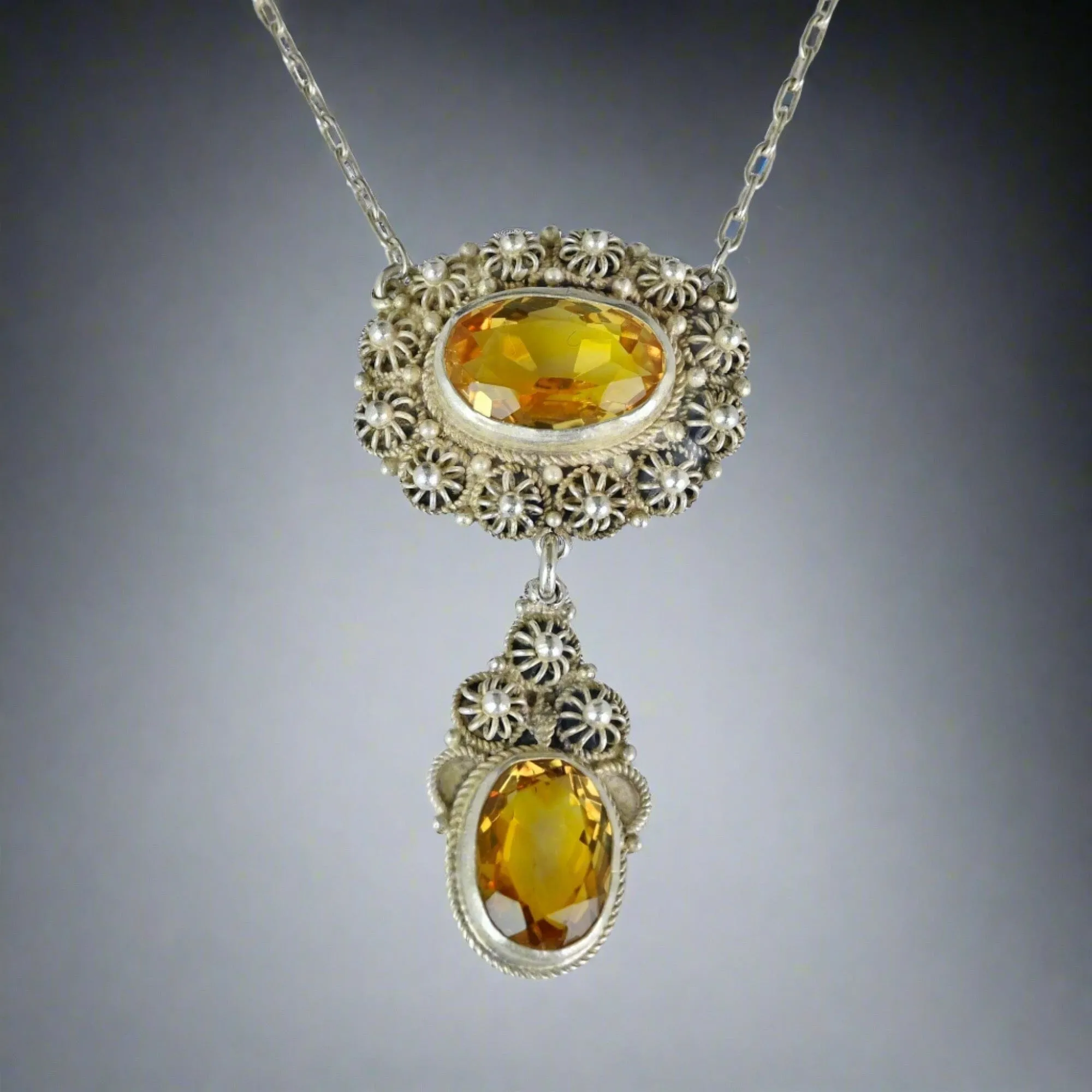 Antique Victorian Silver Canneille Flowers Citrine Necklace
