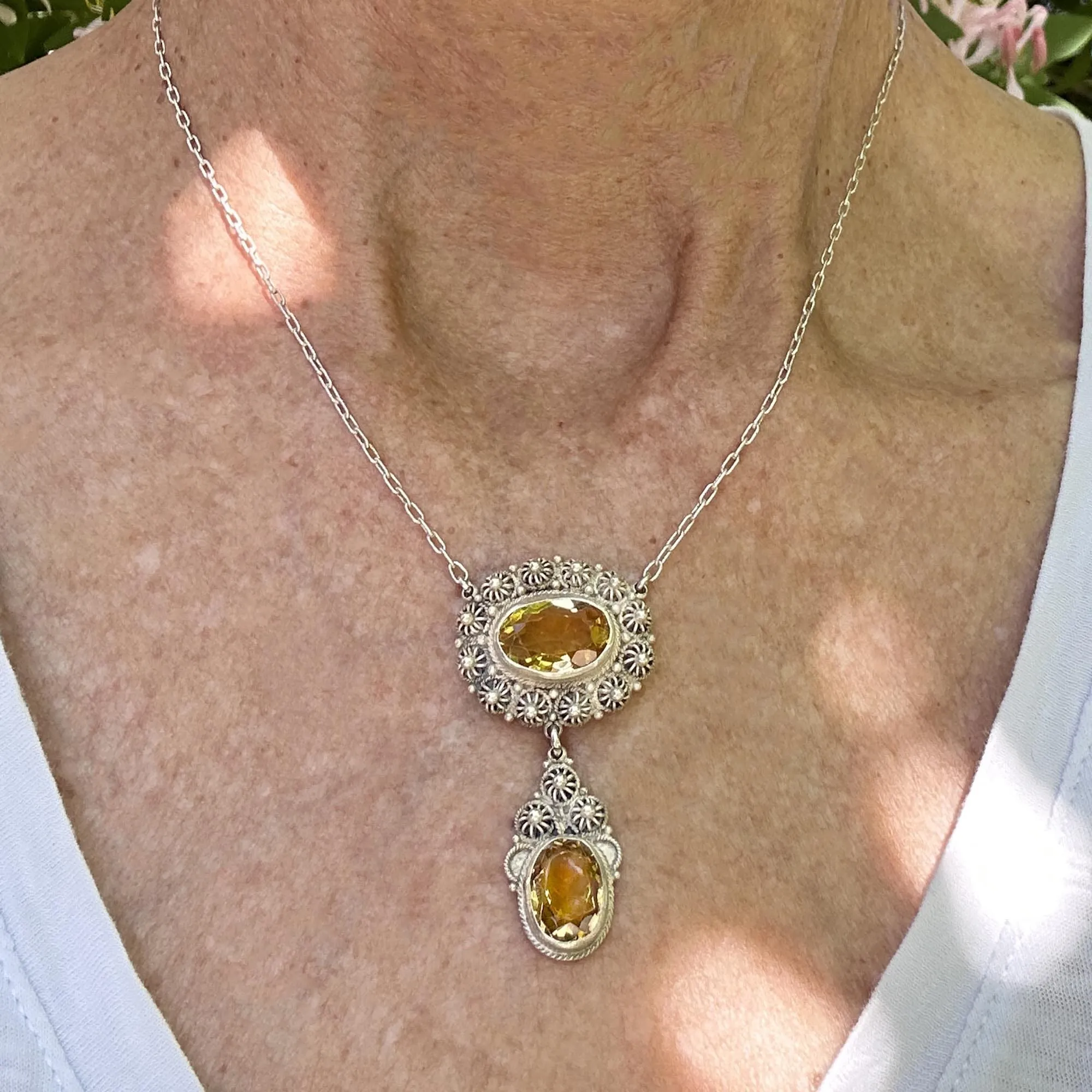 Antique Victorian Silver Canneille Flowers Citrine Necklace