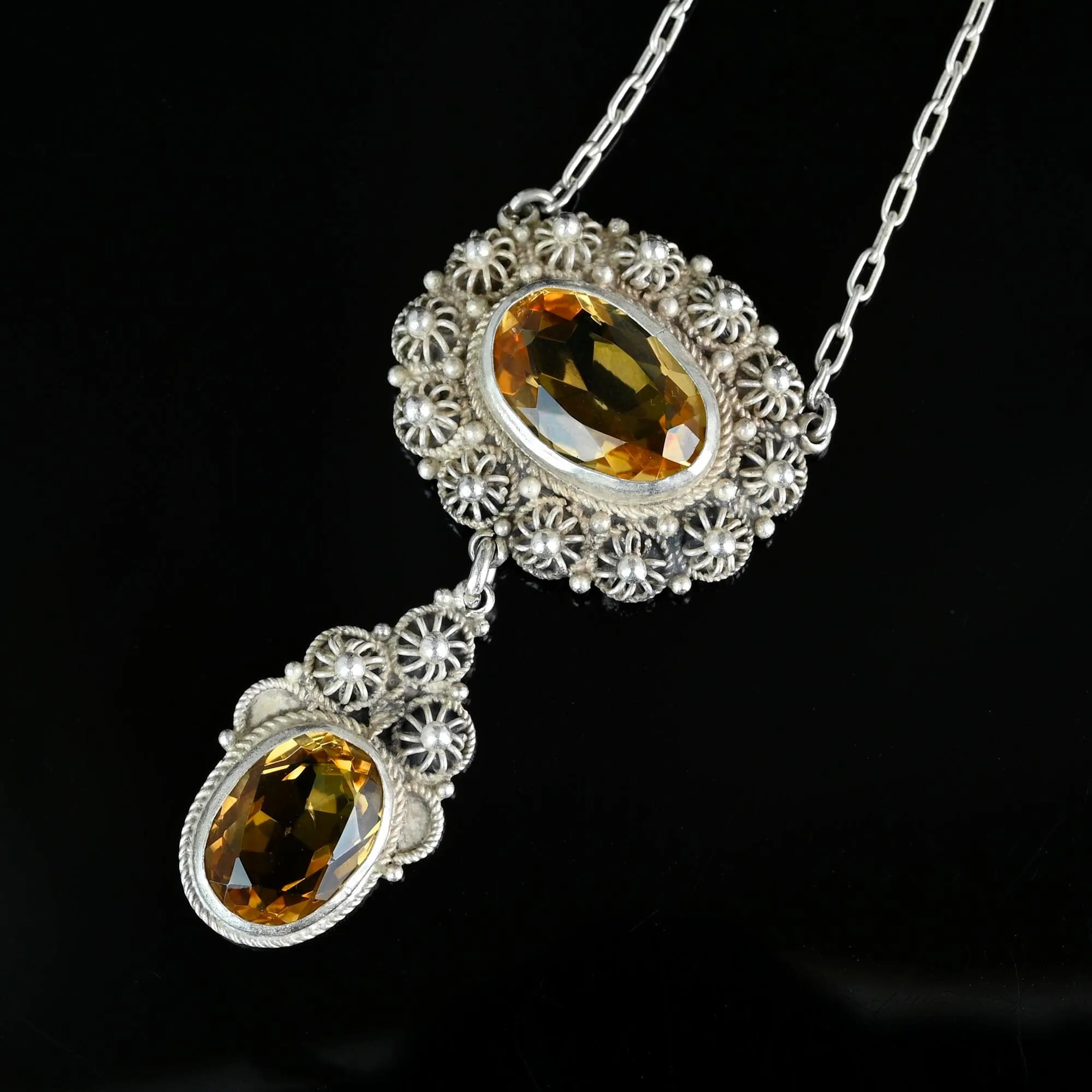 Antique Victorian Silver Canneille Flowers Citrine Necklace