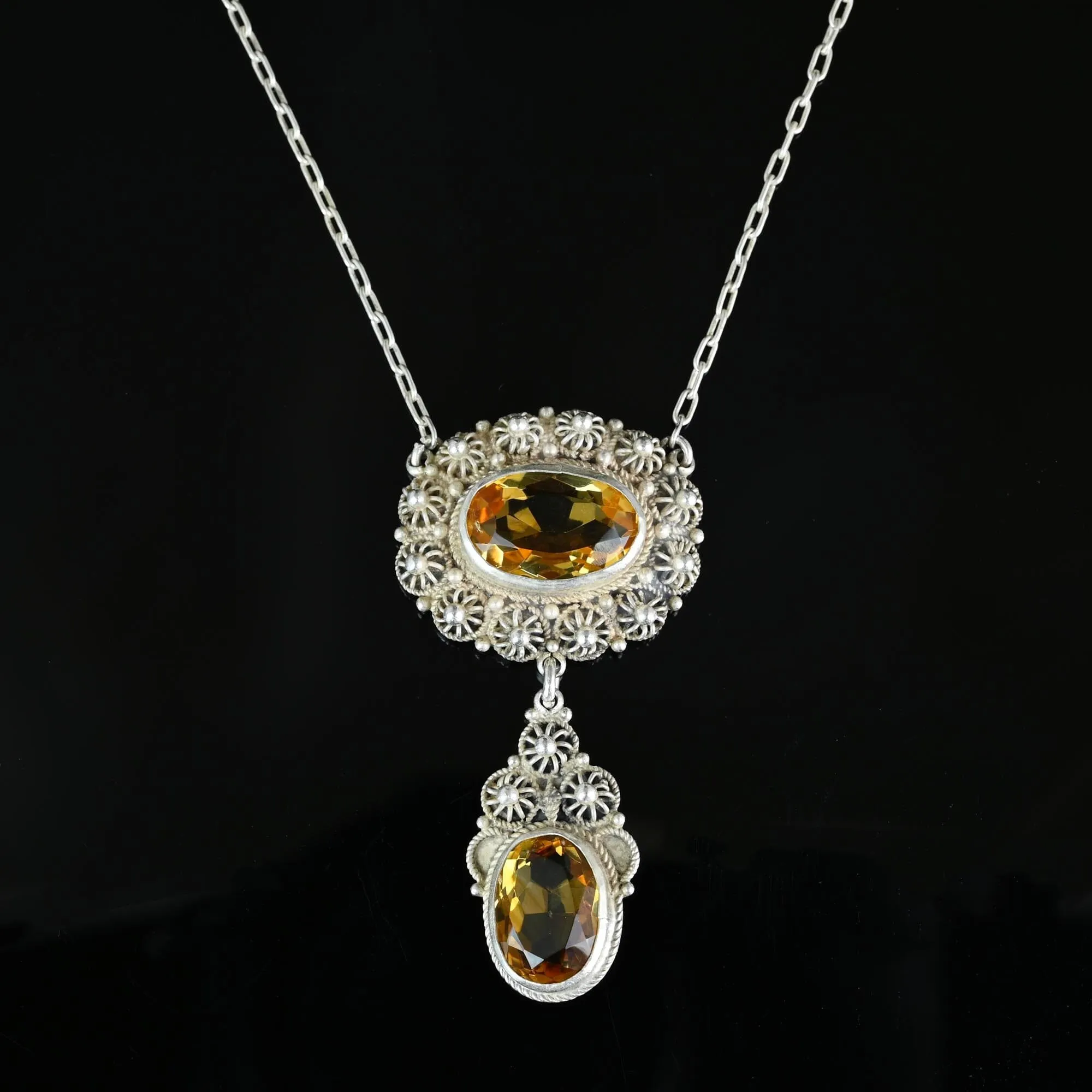 Antique Victorian Silver Canneille Flowers Citrine Necklace