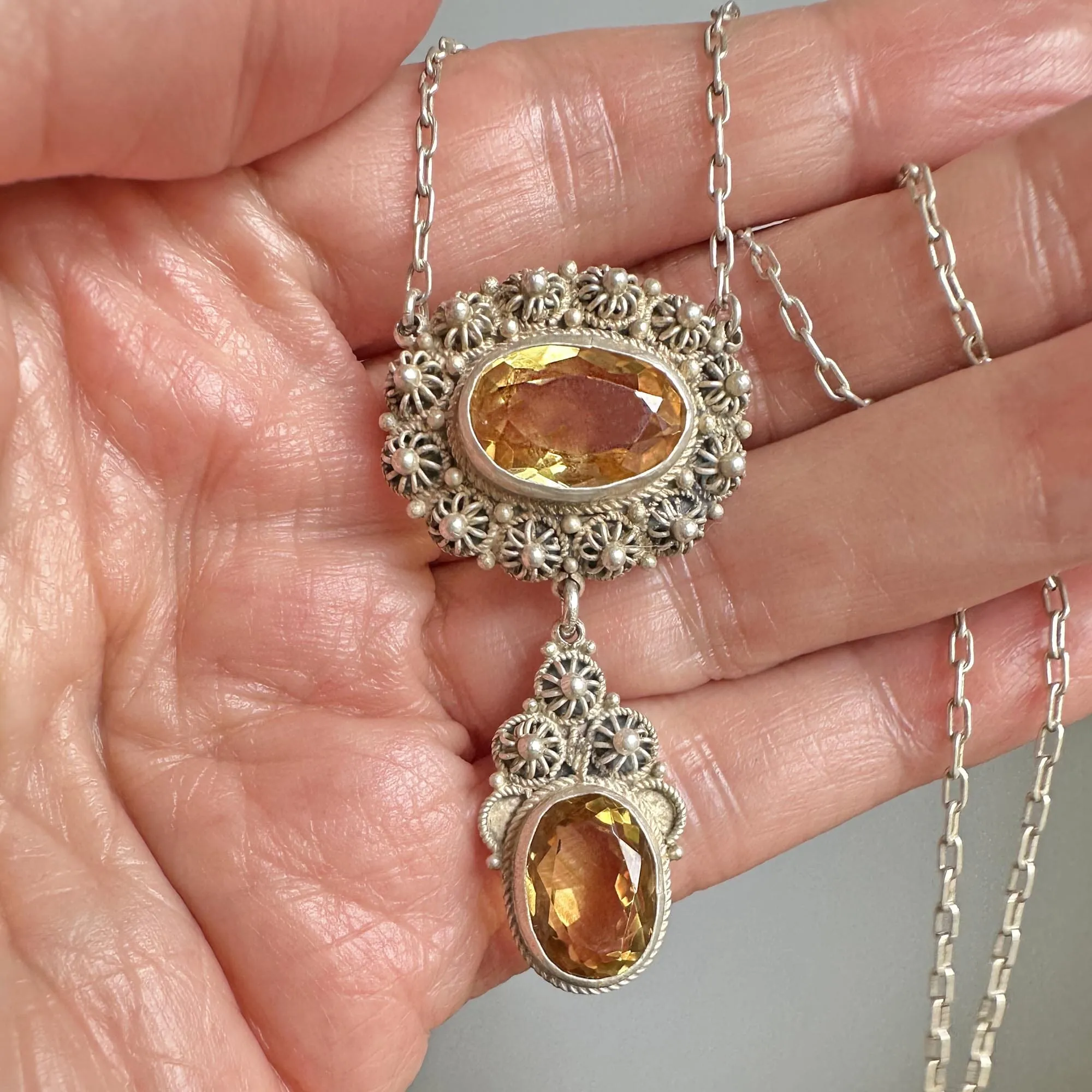 Antique Victorian Silver Canneille Flowers Citrine Necklace
