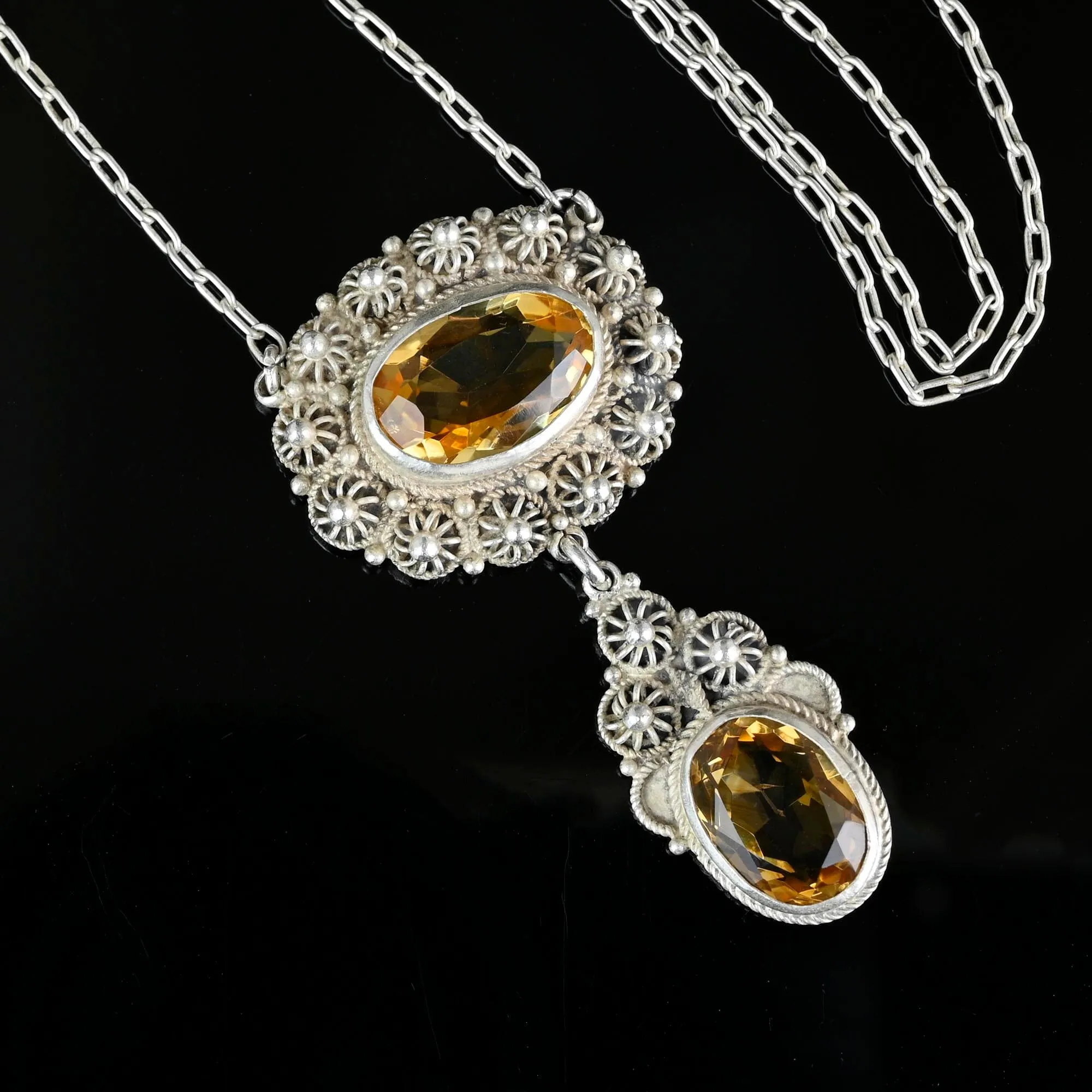 Antique Victorian Silver Canneille Flowers Citrine Necklace