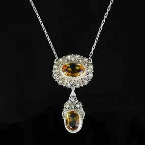 Antique Victorian Silver Canneille Flowers Citrine Necklace
