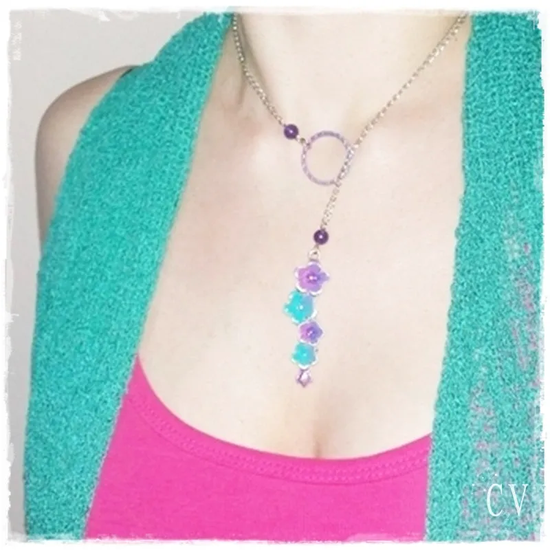 Aqua & Pink Flower Lariat Necklace