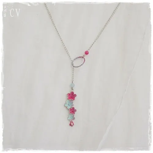 Aqua & Pink Flower Lariat Necklace