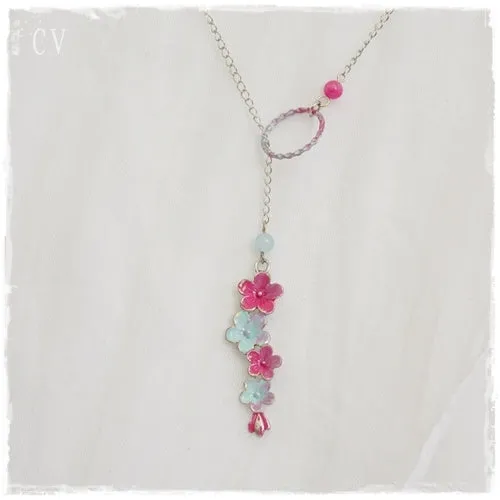 Aqua & Pink Flower Lariat Necklace