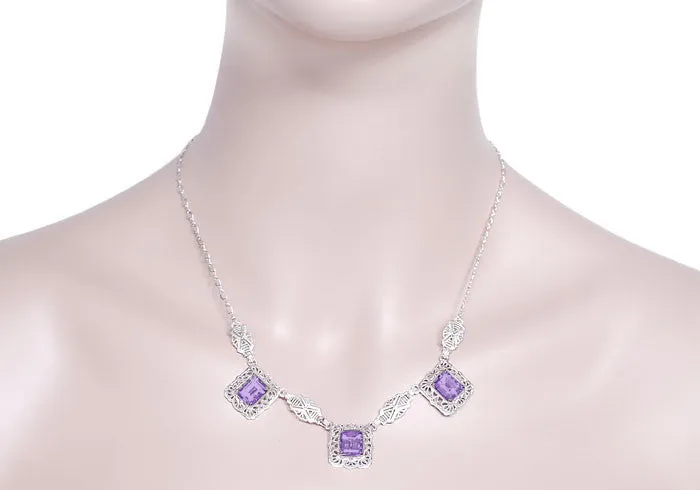 Art Deco Filigree Amethyst 3 Drop Necklace in Sterling Silver