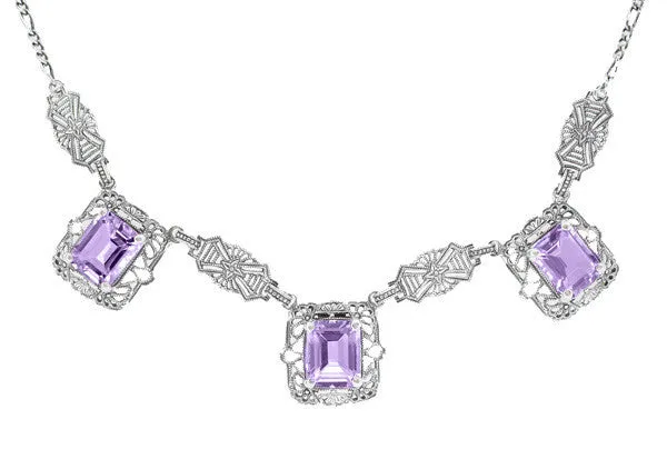 Art Deco Filigree Amethyst 3 Drop Necklace in Sterling Silver