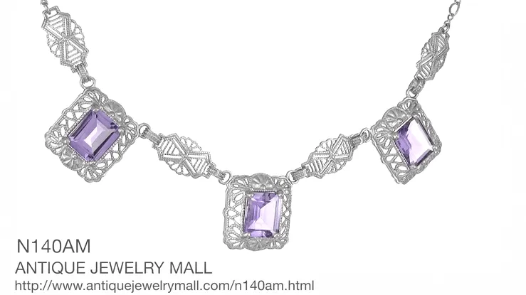 Art Deco Filigree Amethyst 3 Drop Necklace in Sterling Silver