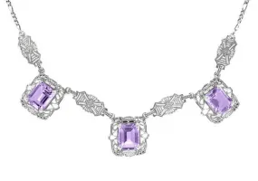 Art Deco Filigree Amethyst 3 Drop Necklace in Sterling Silver