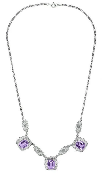 Art Deco Filigree Amethyst 3 Drop Necklace in Sterling Silver