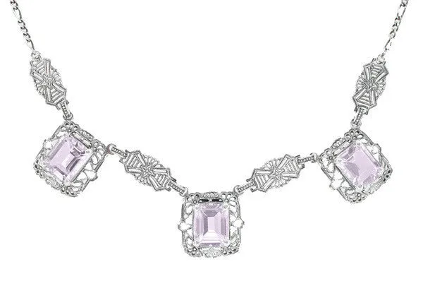 Art Deco Filigree Rose de France 3 Drop Necklace in Sterling Silver