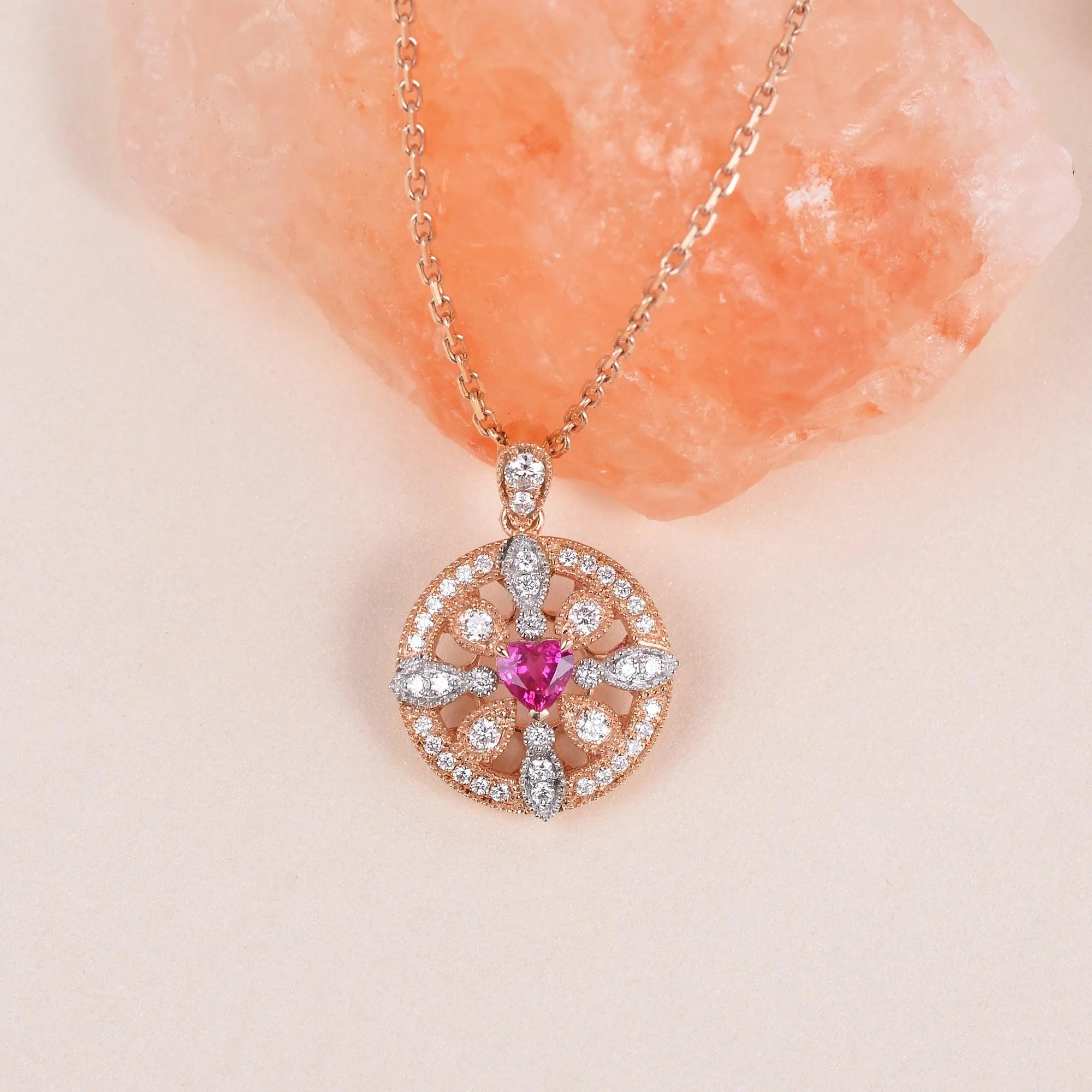 Art-Deco Heart Shaped Ruby Rose Gold Necklace