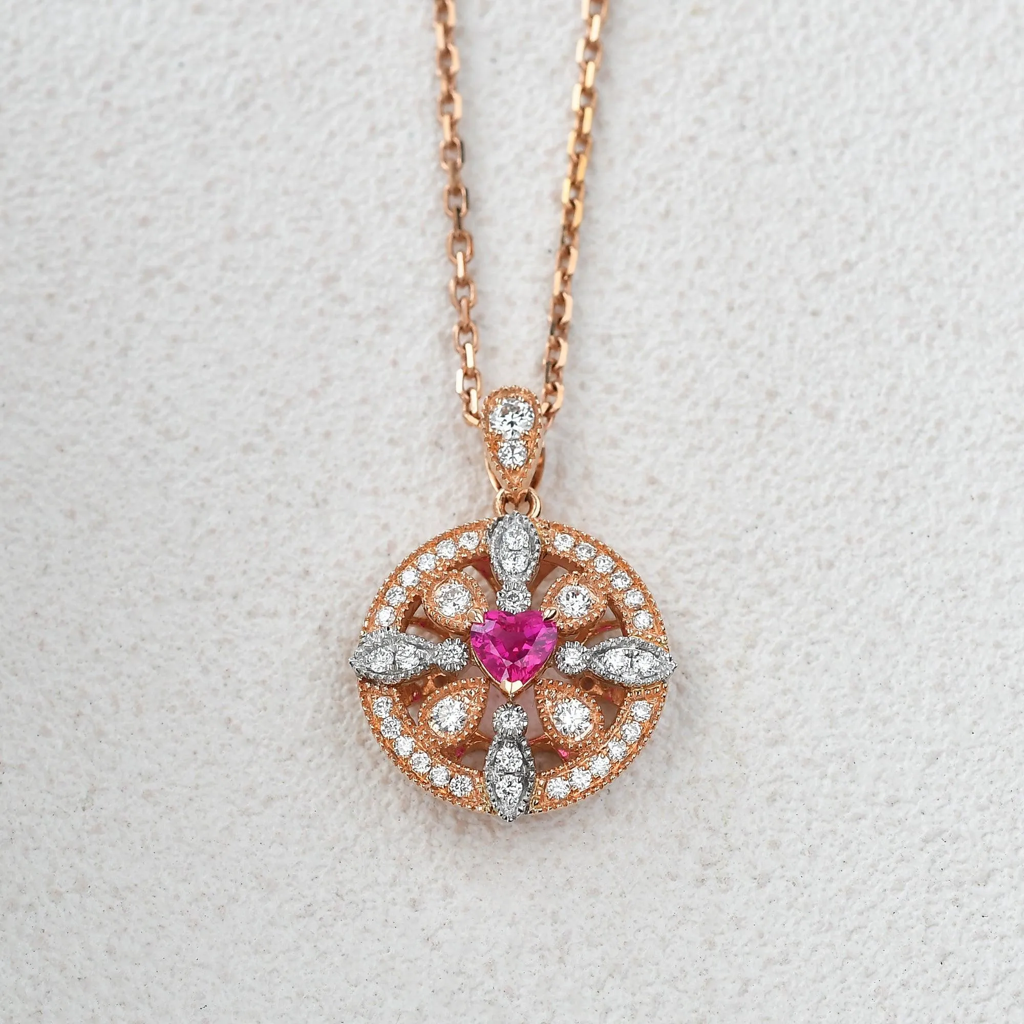 Art-Deco Heart Shaped Ruby Rose Gold Necklace