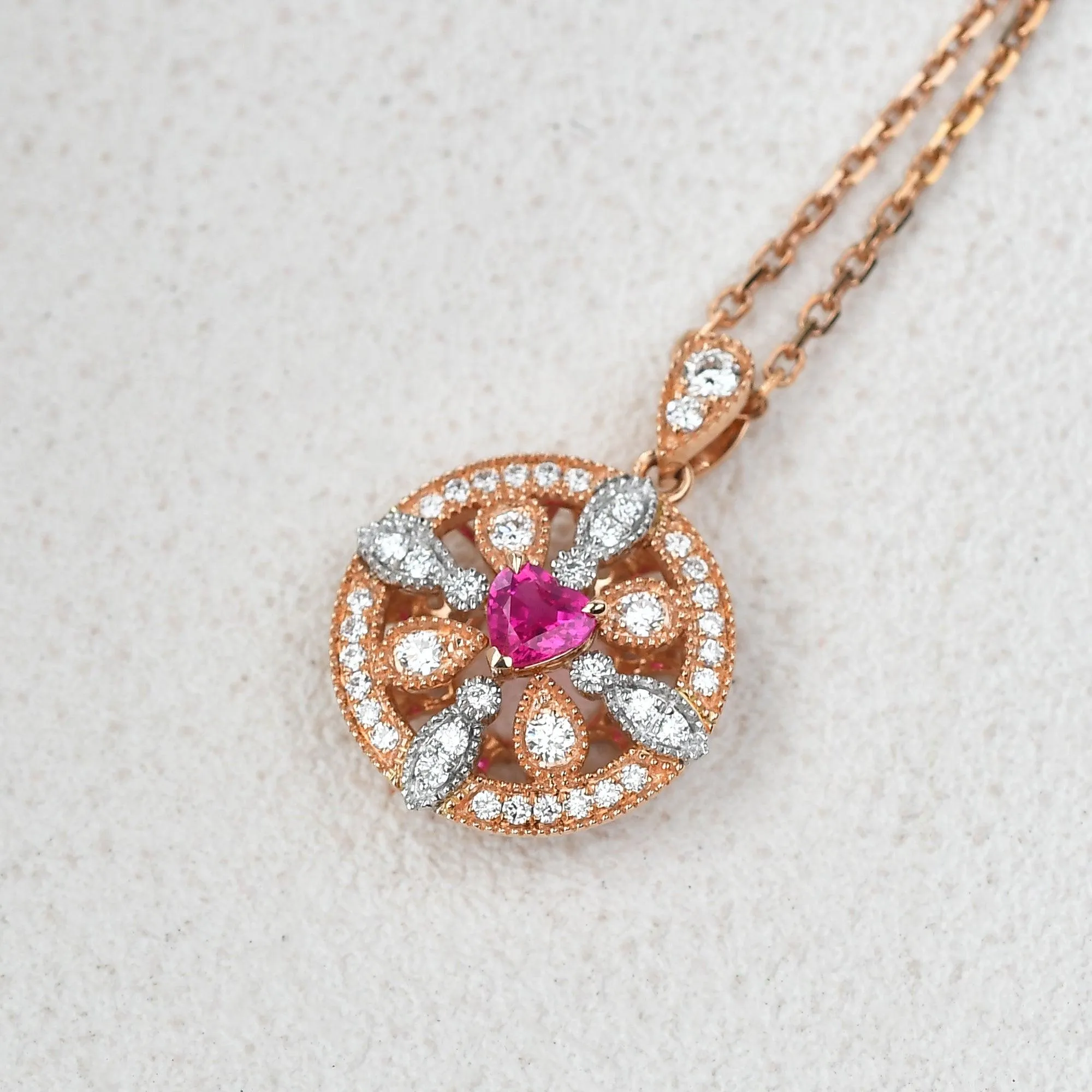 Art-Deco Heart Shaped Ruby Rose Gold Necklace