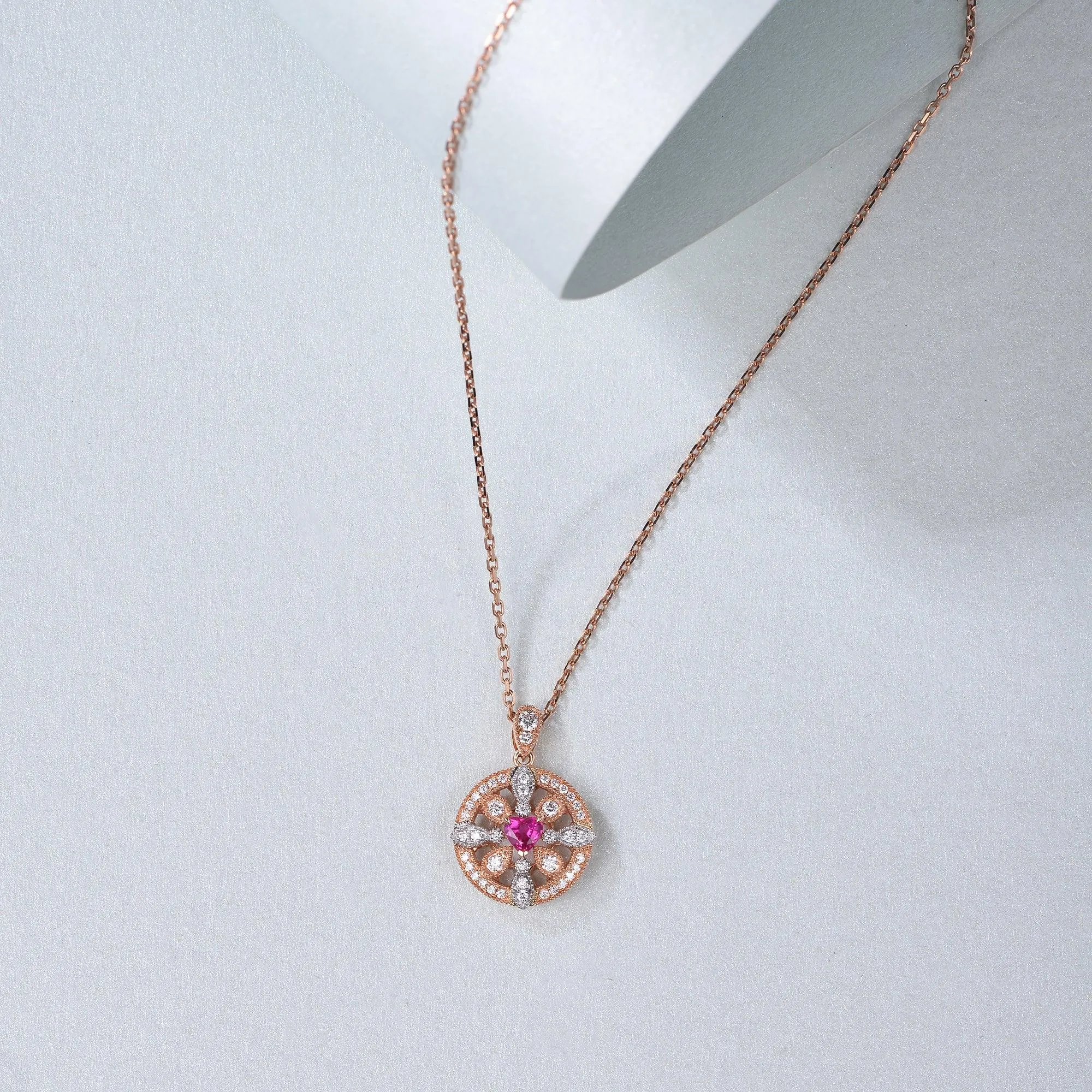 Art-Deco Heart Shaped Ruby Rose Gold Necklace