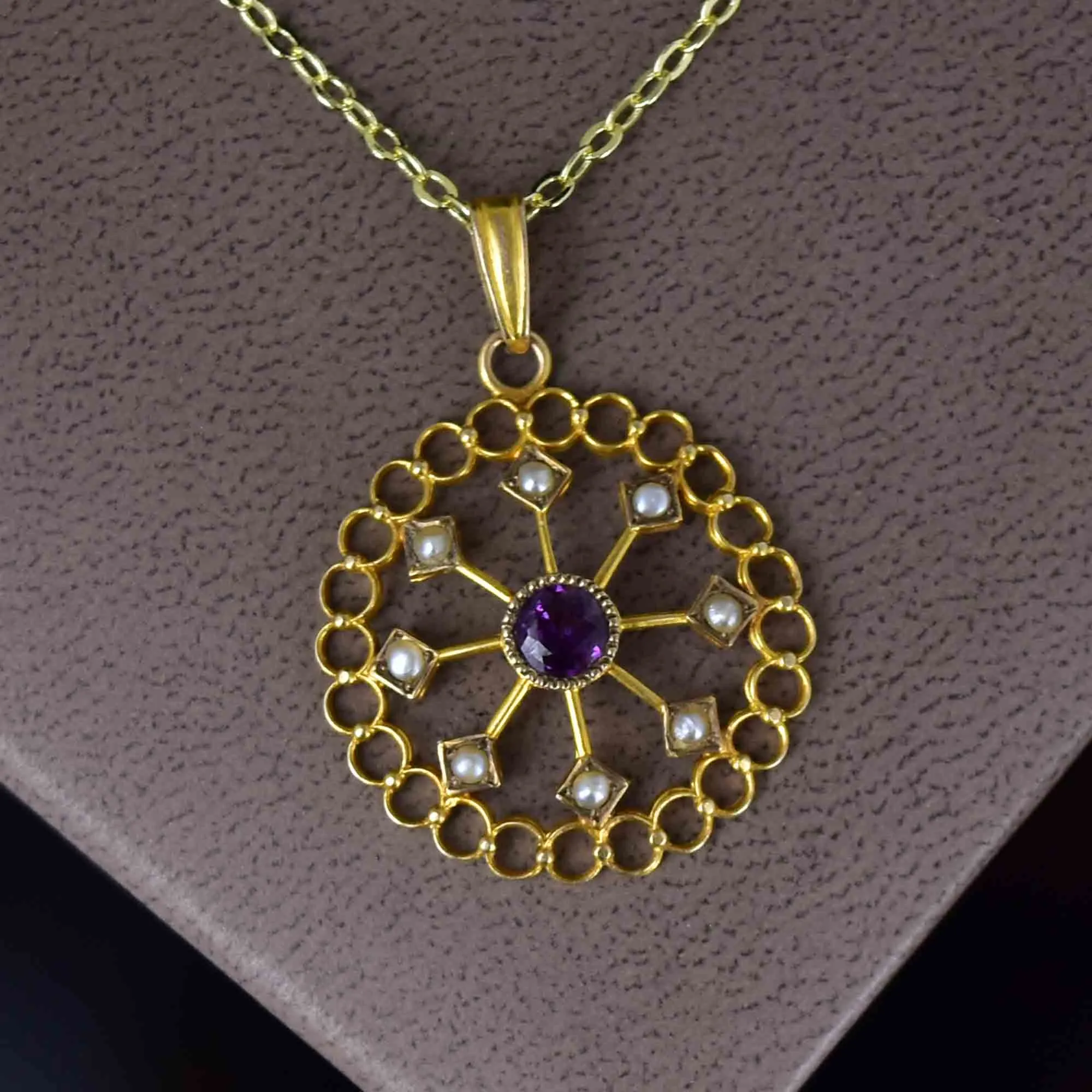 Art Nouveau 10K Gold Amethyst Seed Pearl Lavaliere Necklace
