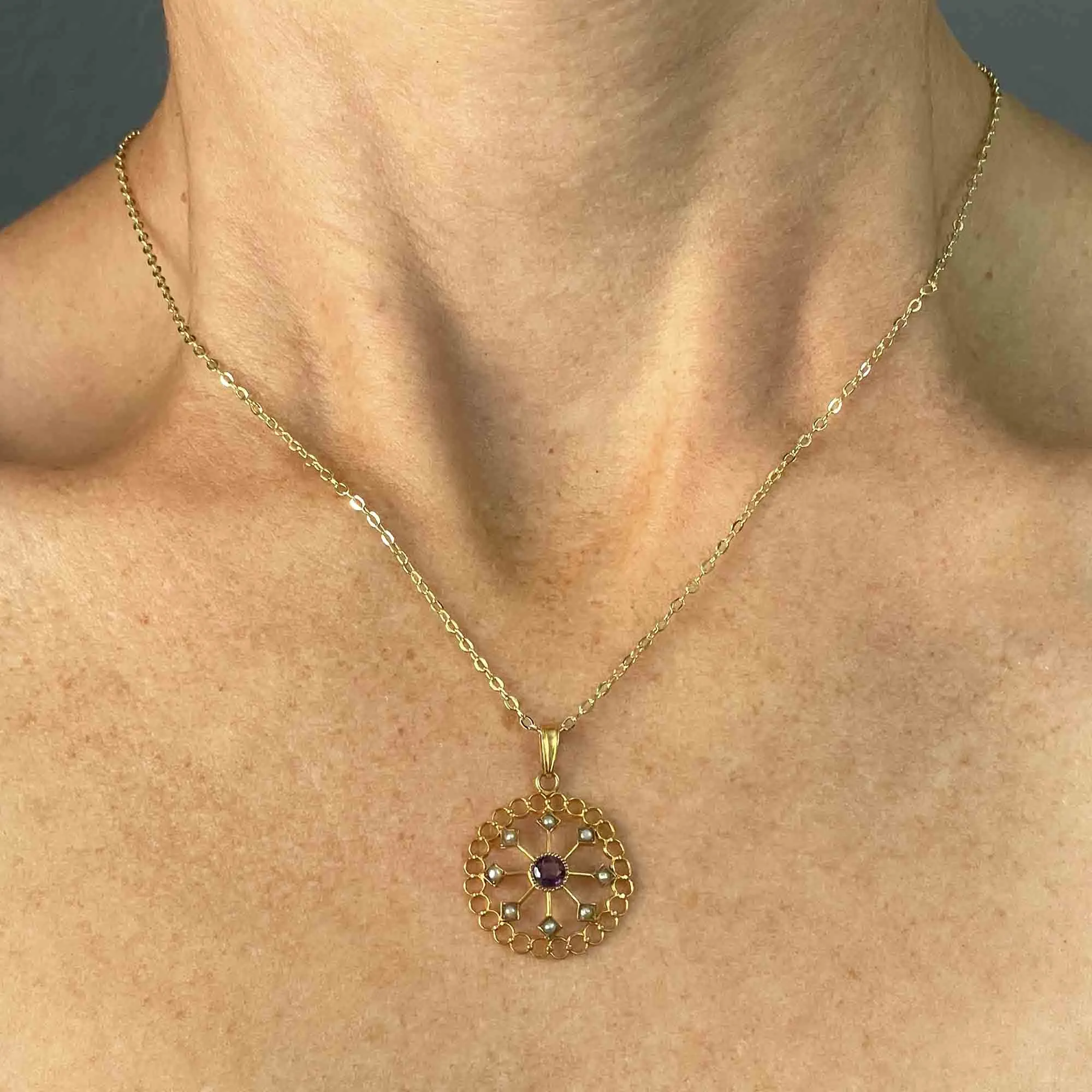Art Nouveau 10K Gold Amethyst Seed Pearl Lavaliere Necklace