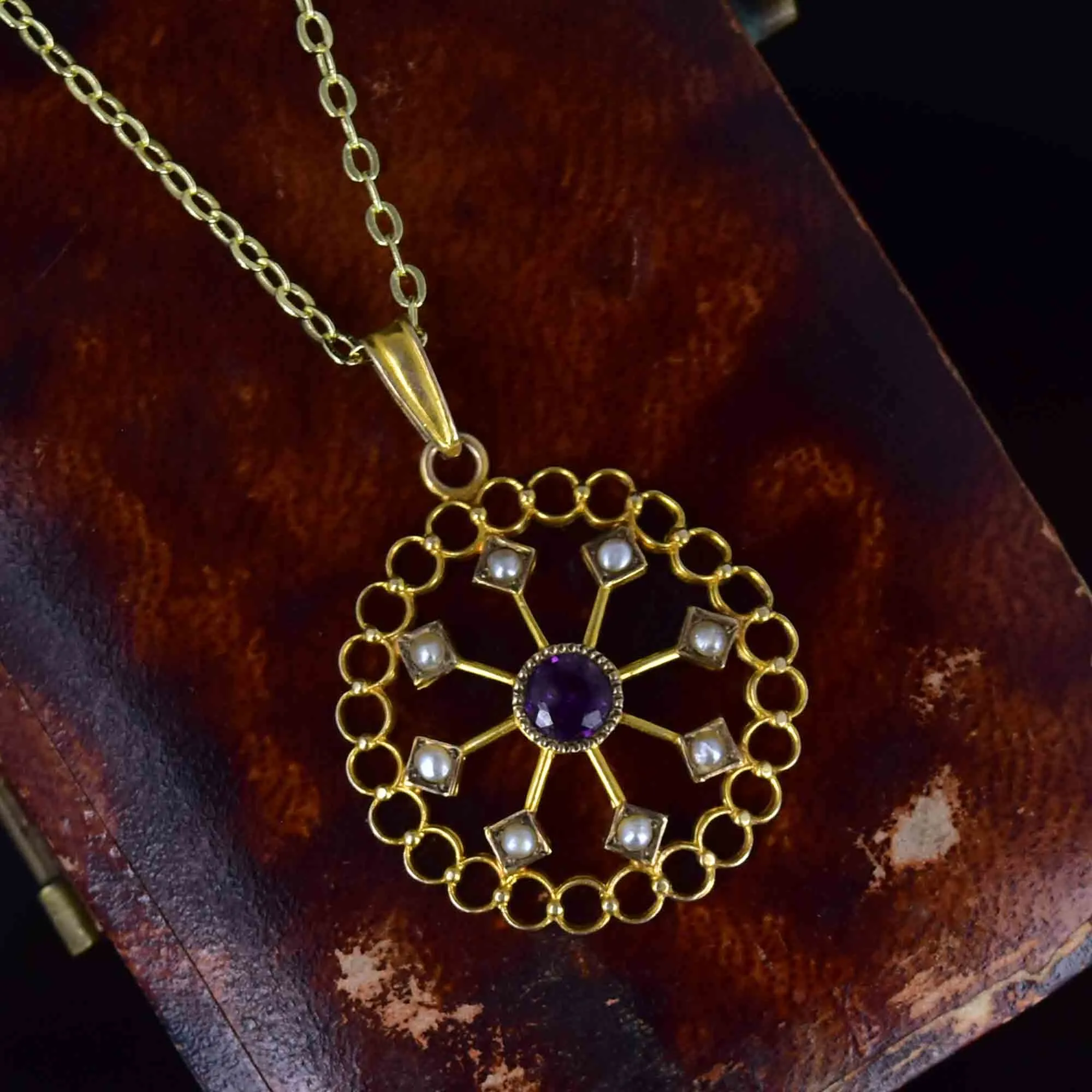 Art Nouveau 10K Gold Amethyst Seed Pearl Lavaliere Necklace