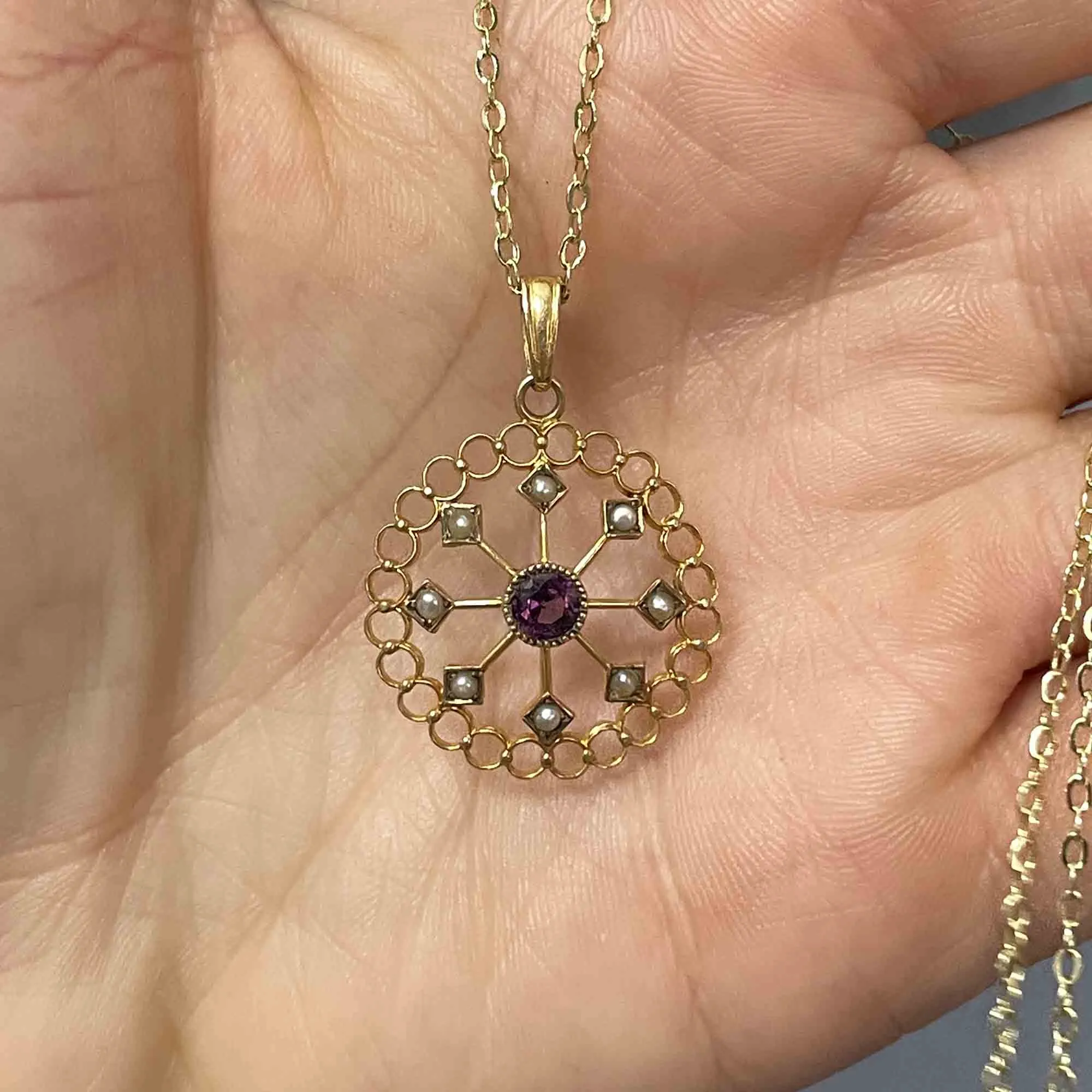 Art Nouveau 10K Gold Amethyst Seed Pearl Lavaliere Necklace
