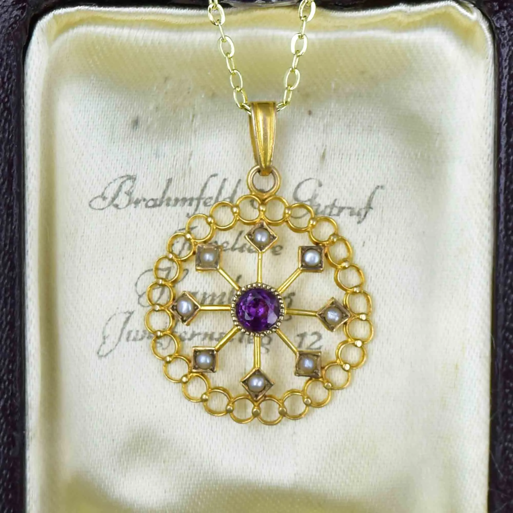 Art Nouveau 10K Gold Amethyst Seed Pearl Lavaliere Necklace