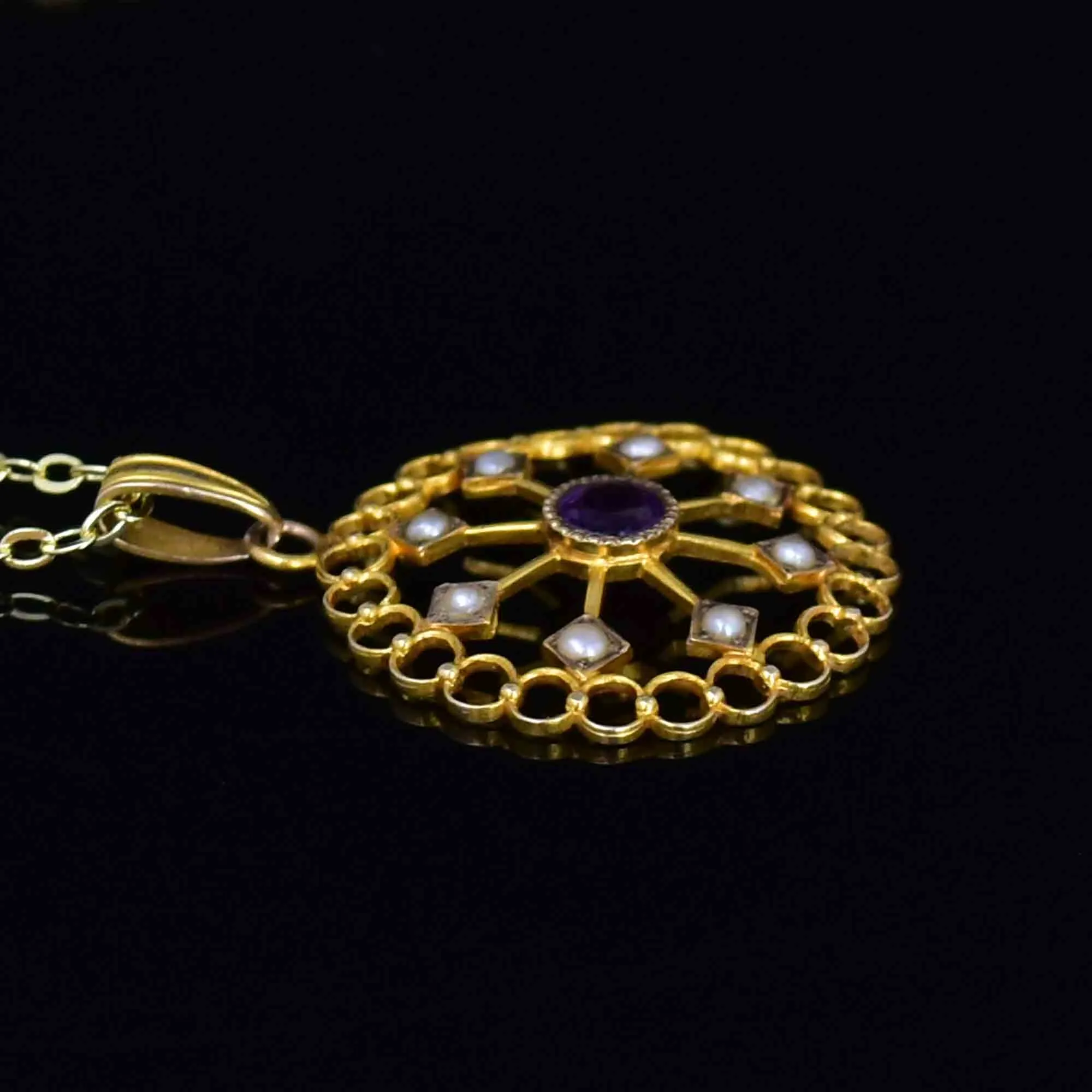 Art Nouveau 10K Gold Amethyst Seed Pearl Lavaliere Necklace