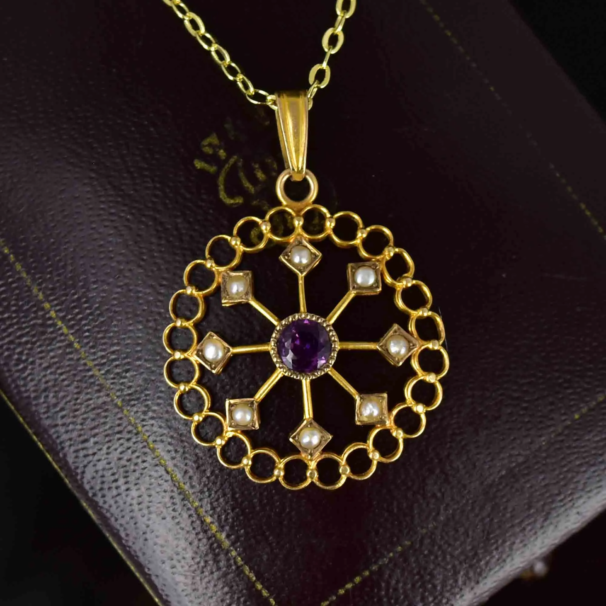 Art Nouveau 10K Gold Amethyst Seed Pearl Lavaliere Necklace