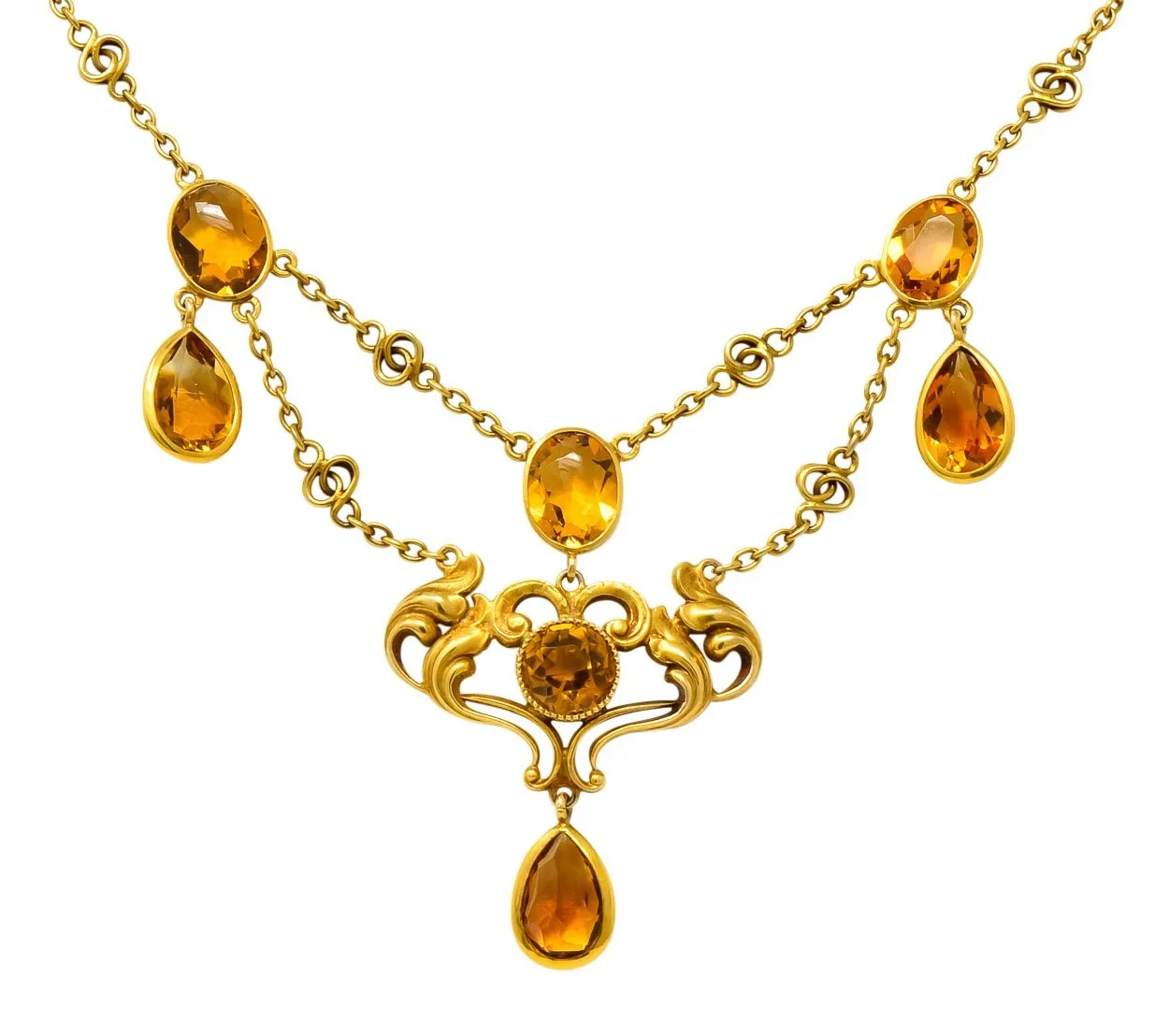 Art Nouveau 11.50 CTW Citrine 14 Karat Gold Swag Necklace