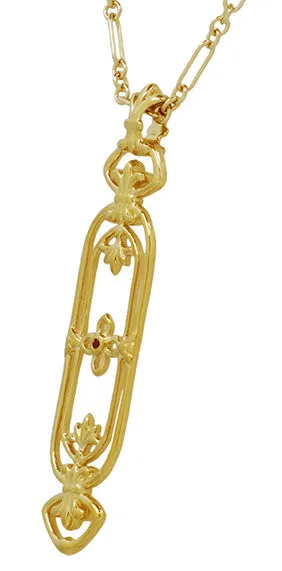 Art Nouveau Filigree Fleur De Lys Cartouche Ruby Pendant Necklace in Yellow Gold Vermeil Over Sterling Silver
