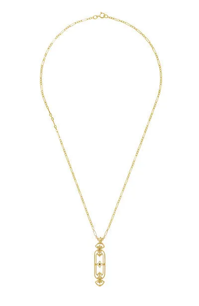 Art Nouveau Filigree Fleur De Lys Cartouche Ruby Pendant Necklace in Yellow Gold Vermeil Over Sterling Silver