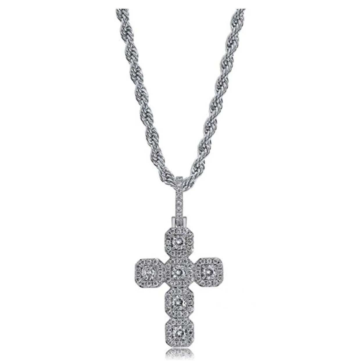 Baguette Square Cross Diamond Pendant Men Cross Necklace Silver Jewelry Iced Out Baguette Gold