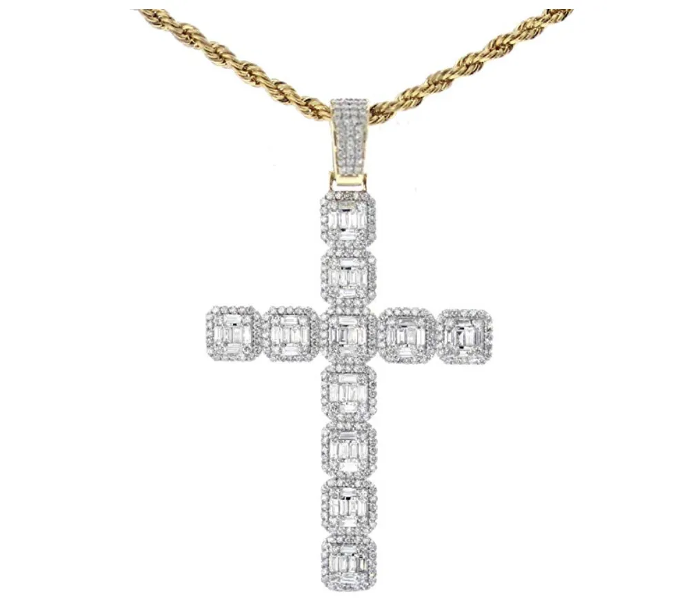 Baguette Square Cross Diamond Pendant Men Cross Necklace Silver Jewelry Iced Out Baguette Gold