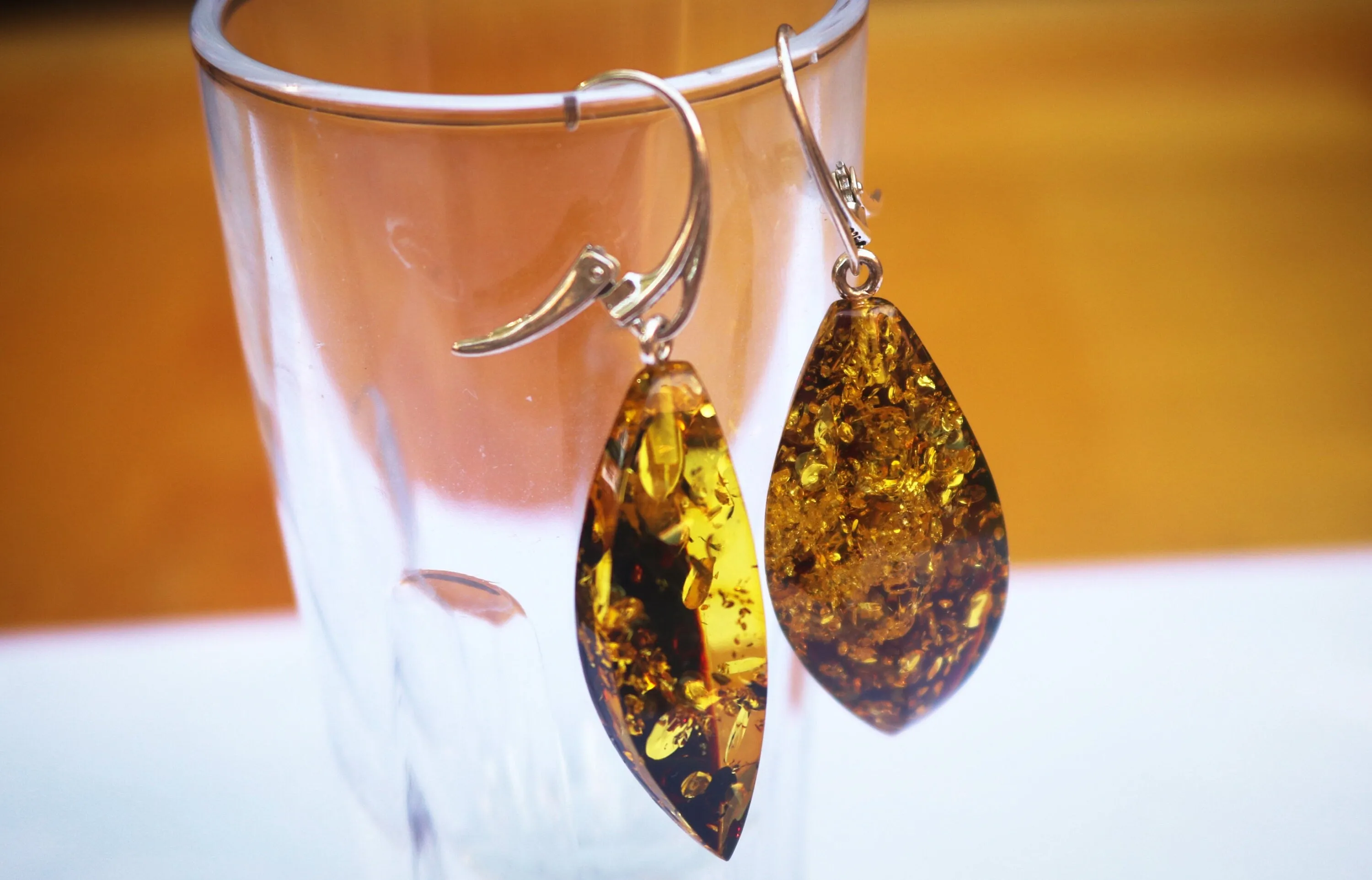 Baltic Amber Earrings Green Faceted Sparkling Jewelry 2.13" 6.9 gram 925 Silver