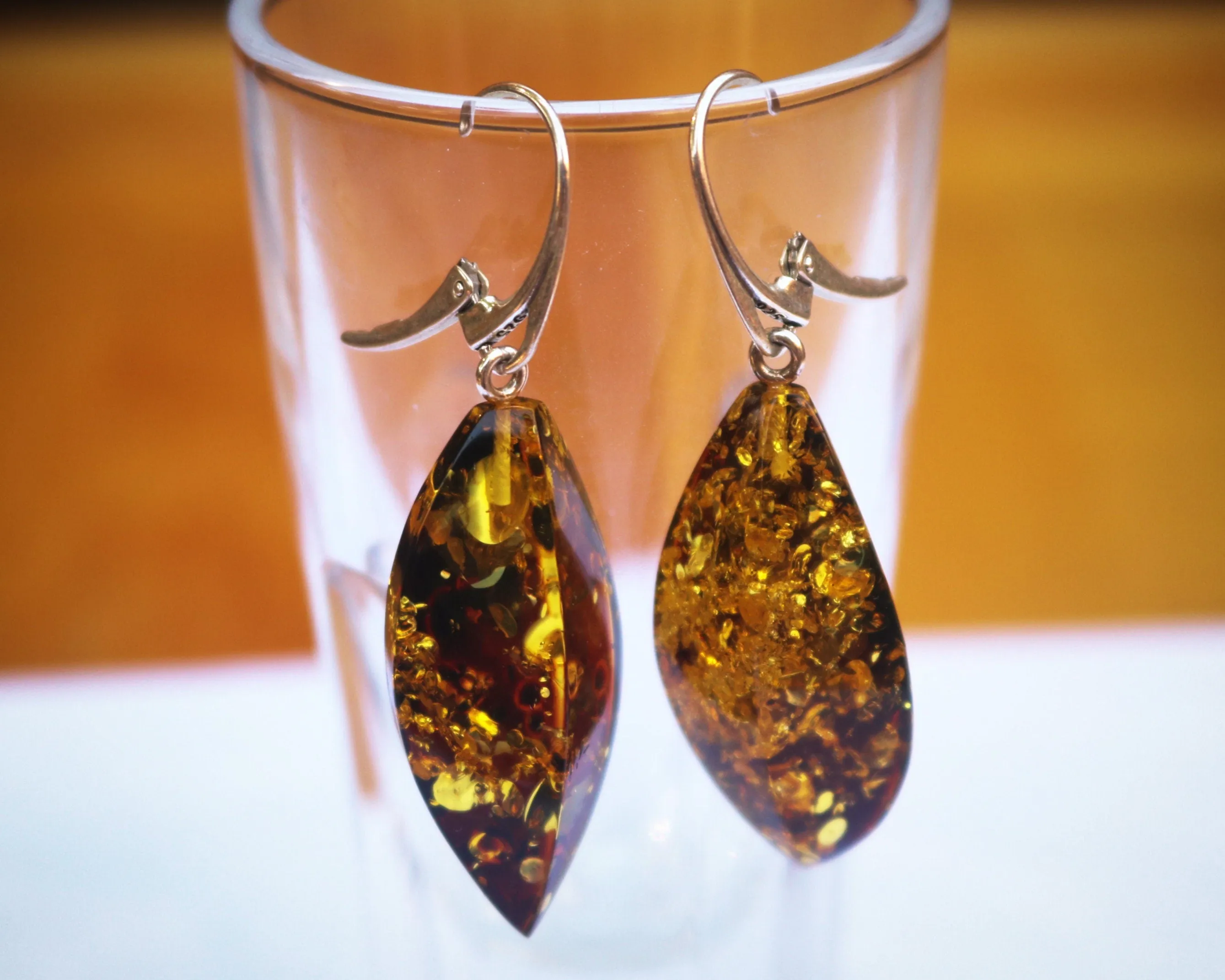 Baltic Amber Earrings Green Faceted Sparkling Jewelry 2.13" 6.9 gram 925 Silver