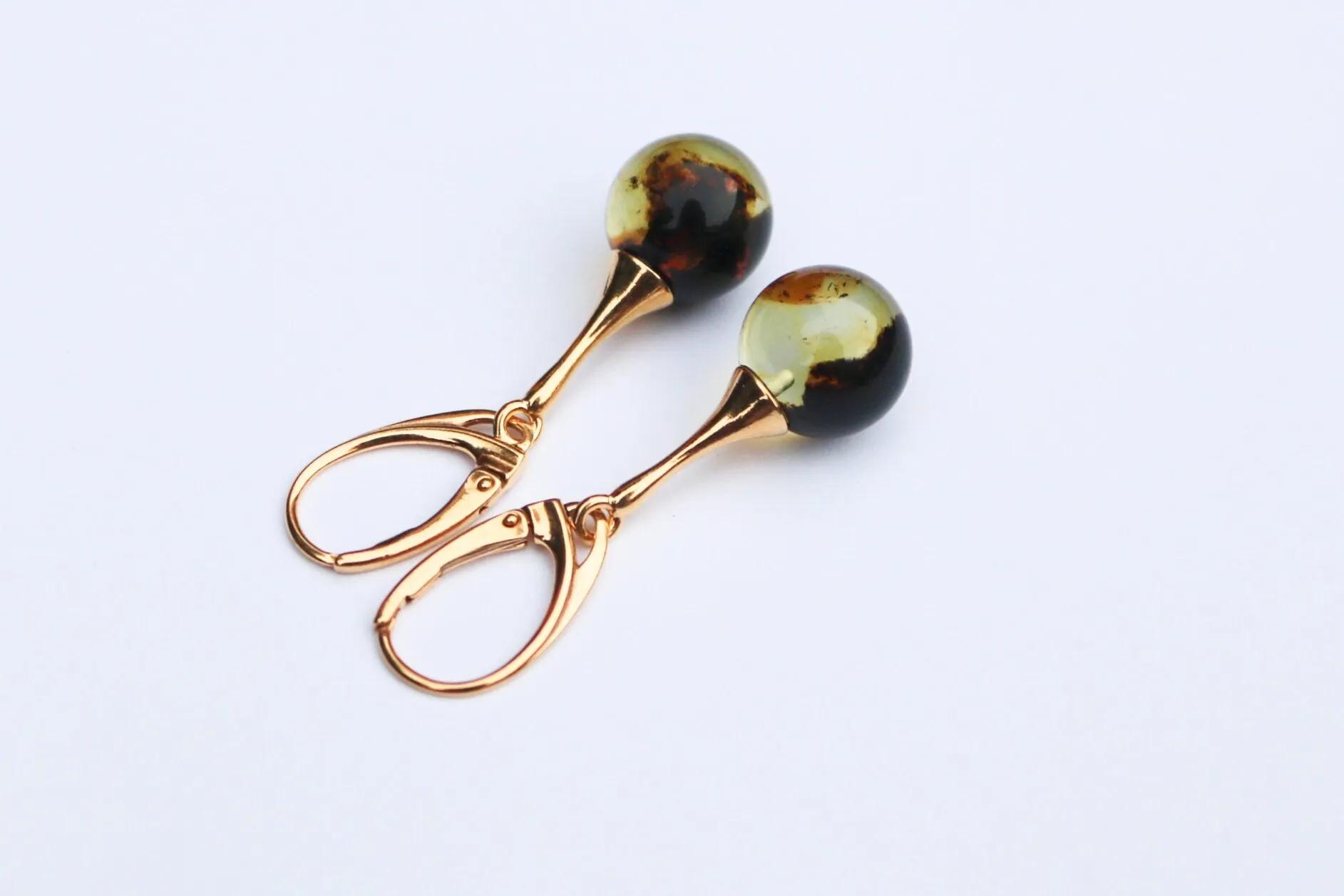 Baltic Amber Green Earrings Ball Gold Plated 1.67" 4 gram 925 Silver