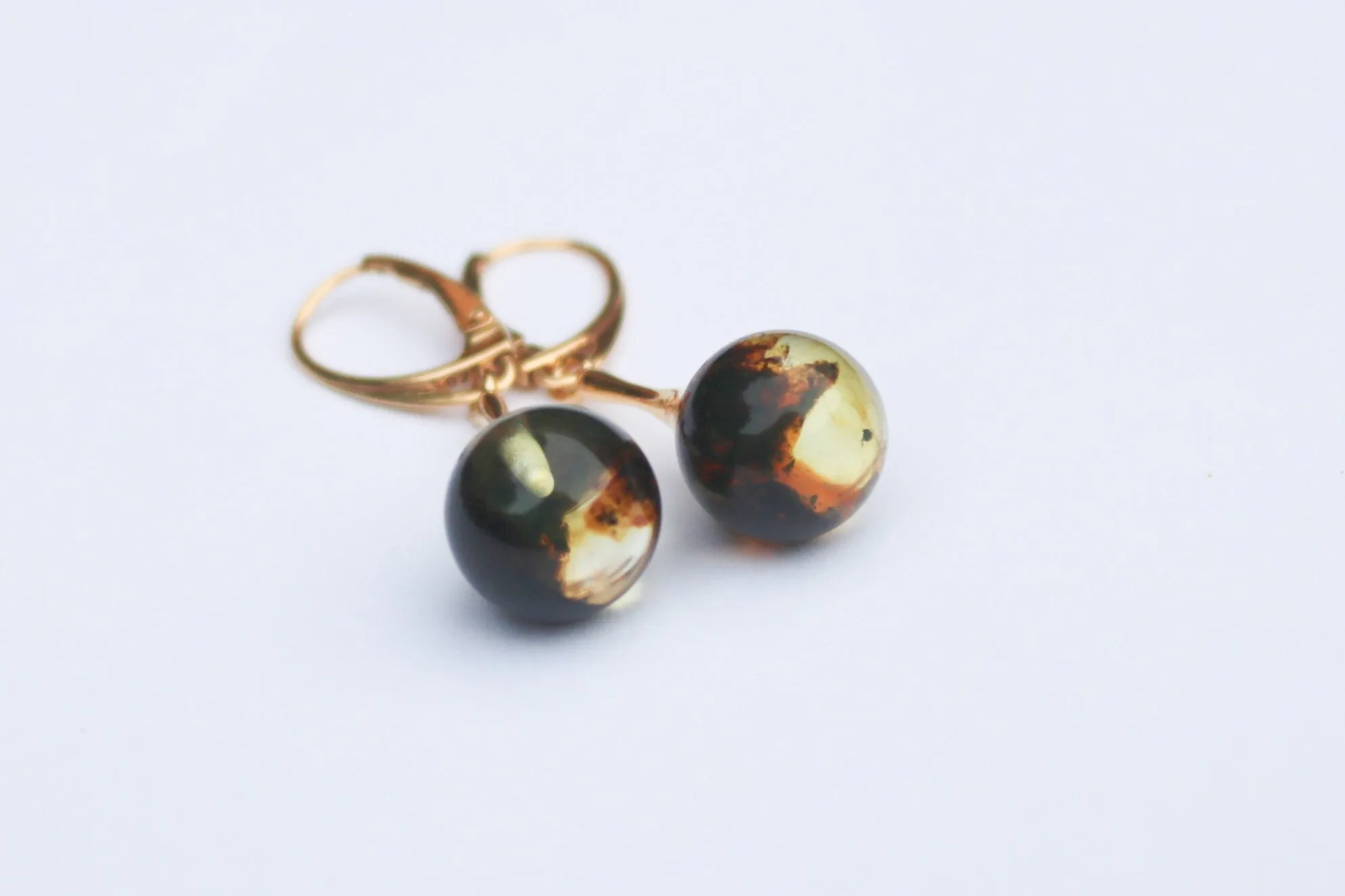 Baltic Amber Green Earrings Ball Gold Plated 1.67" 4 gram 925 Silver