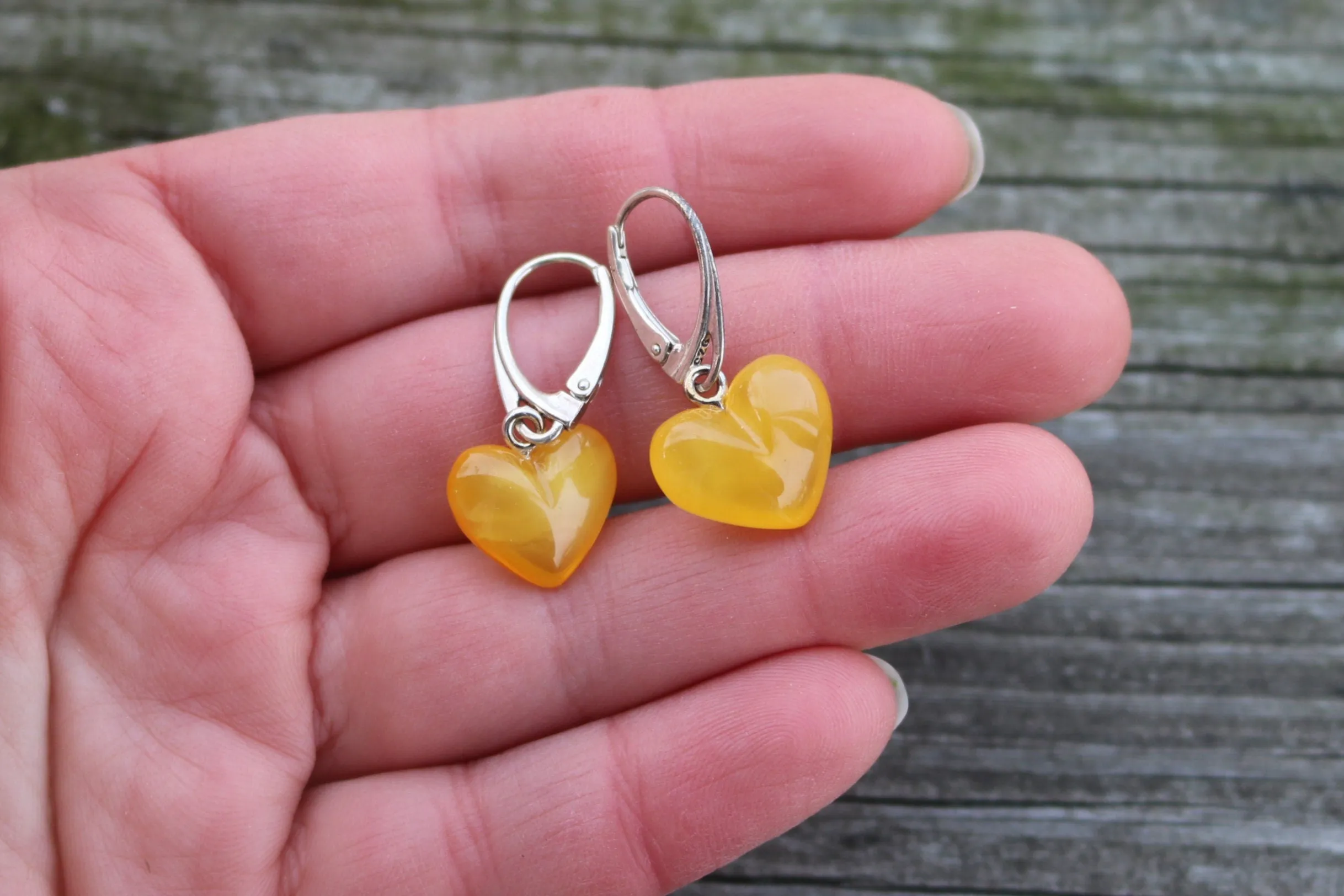 Baltic Amber Heart Hearrings Butterscotch Natural Untreated Cloudy 1.2" 925 Silver
