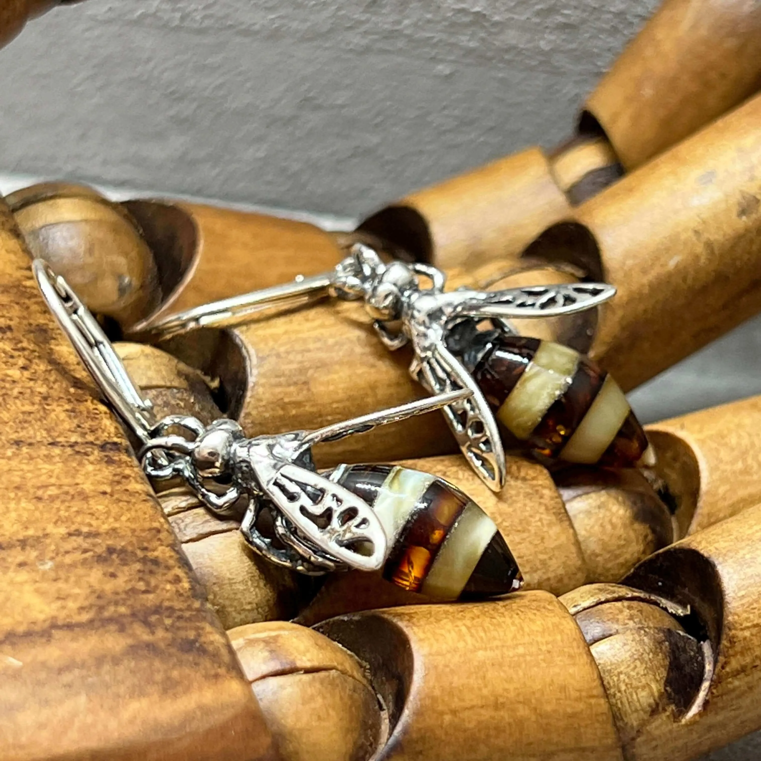 Baltic Amber Medium Bee Sterling Silver Drop Earrings