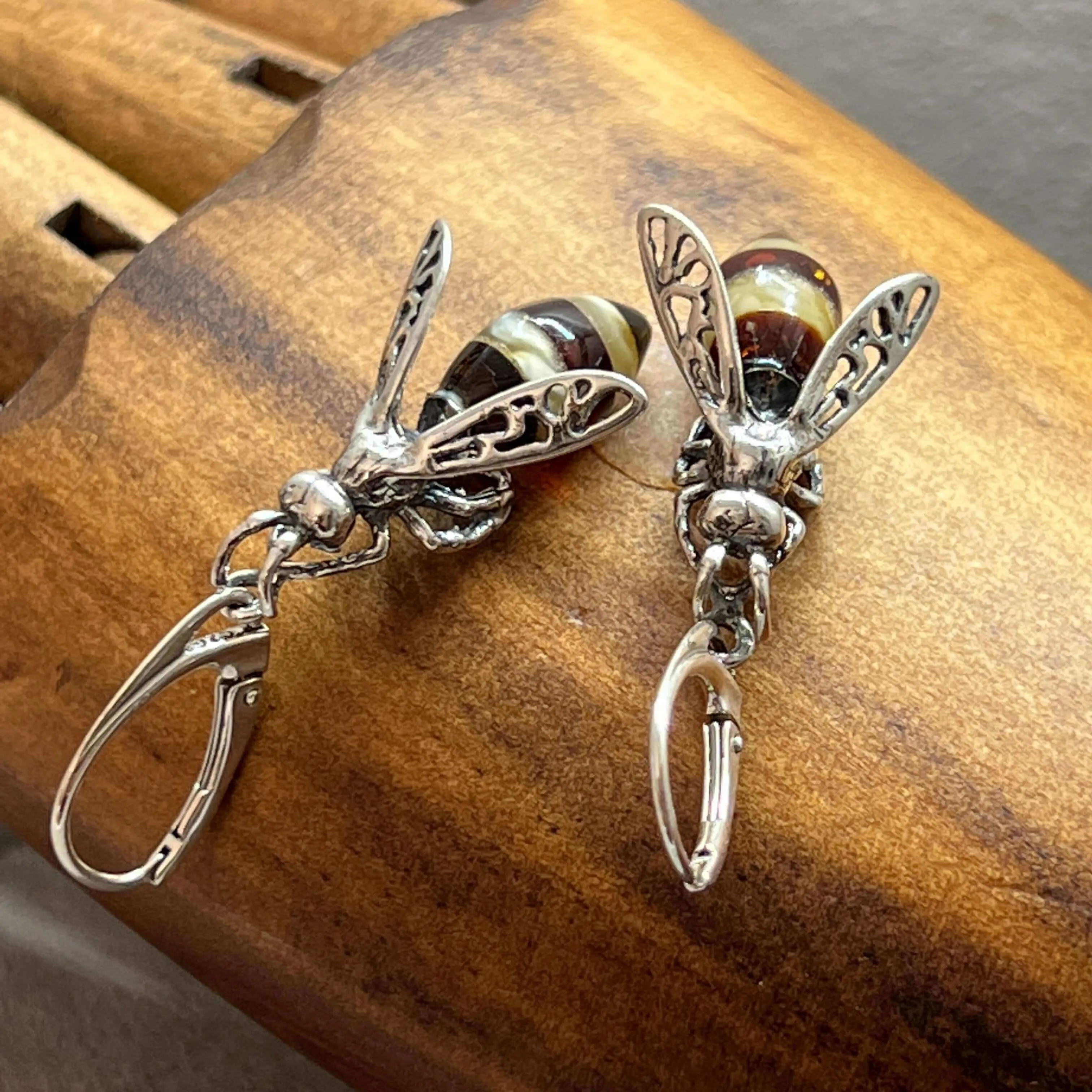 Baltic Amber Medium Bee Sterling Silver Drop Earrings