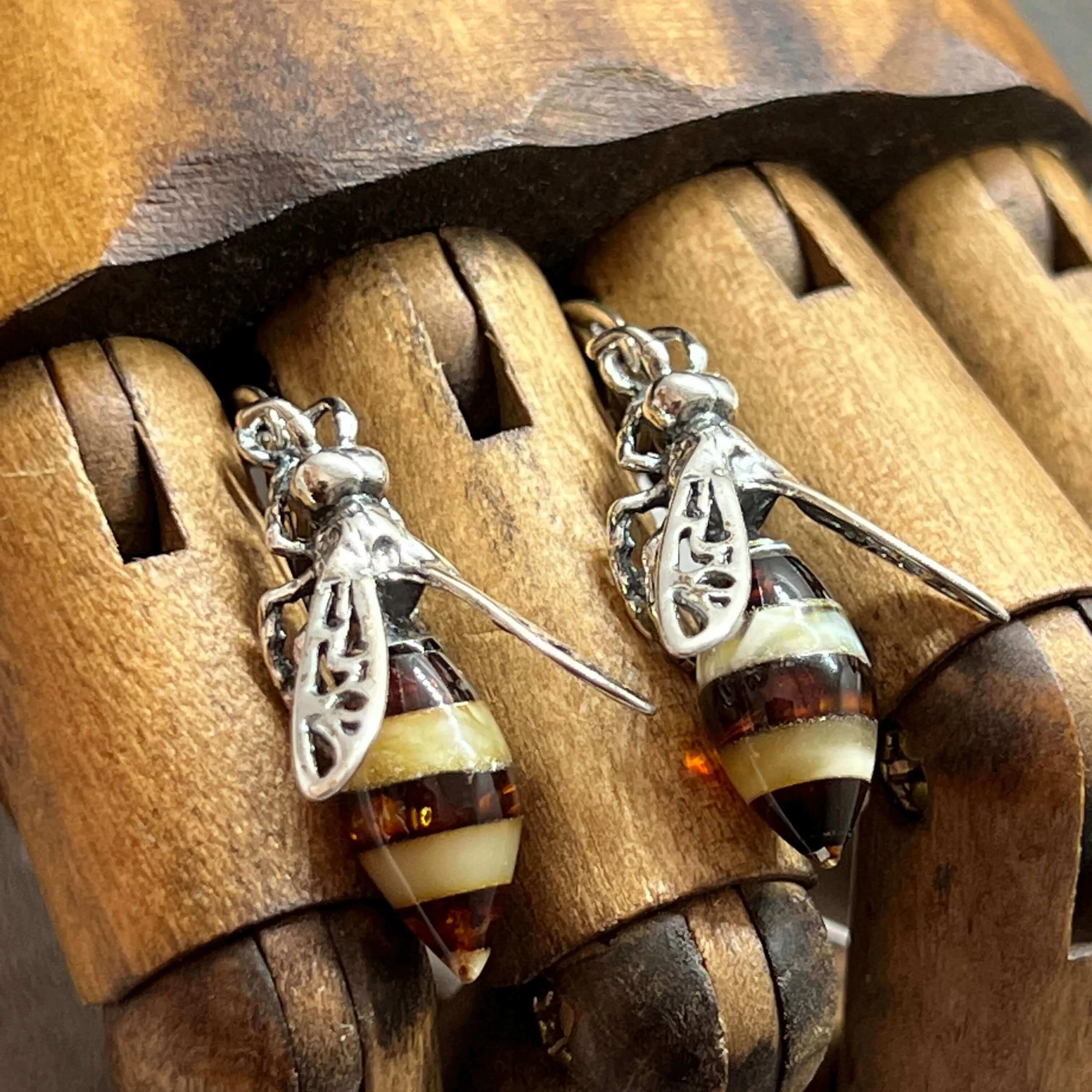 Baltic Amber Medium Bee Sterling Silver Drop Earrings