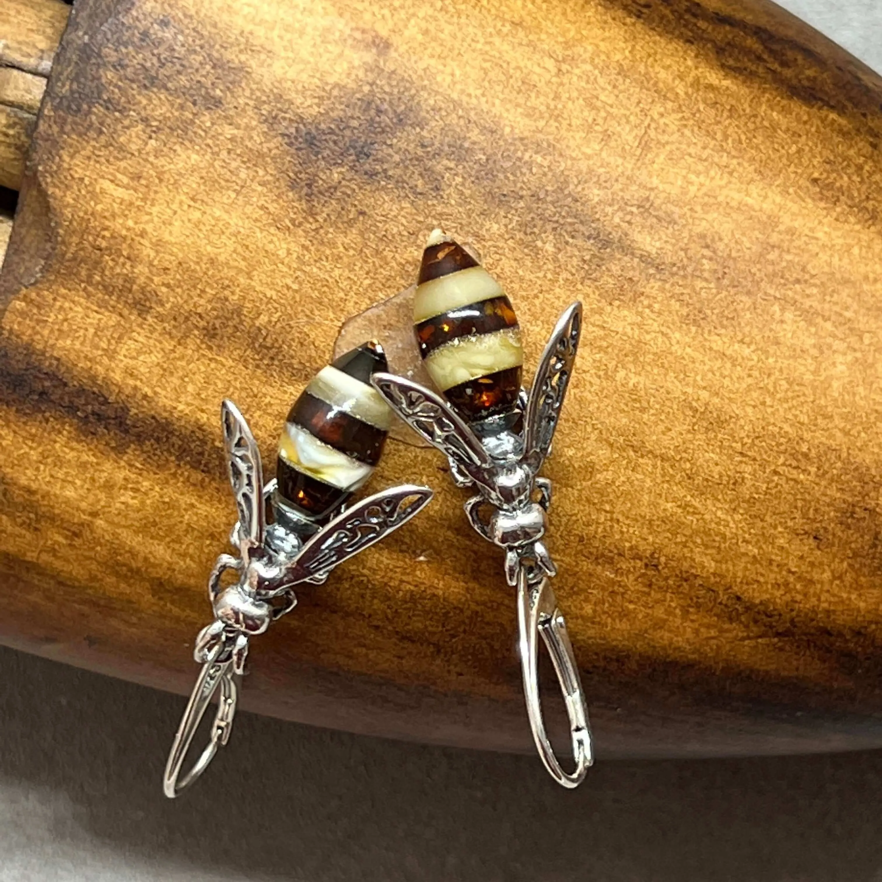 Baltic Amber Medium Bee Sterling Silver Drop Earrings