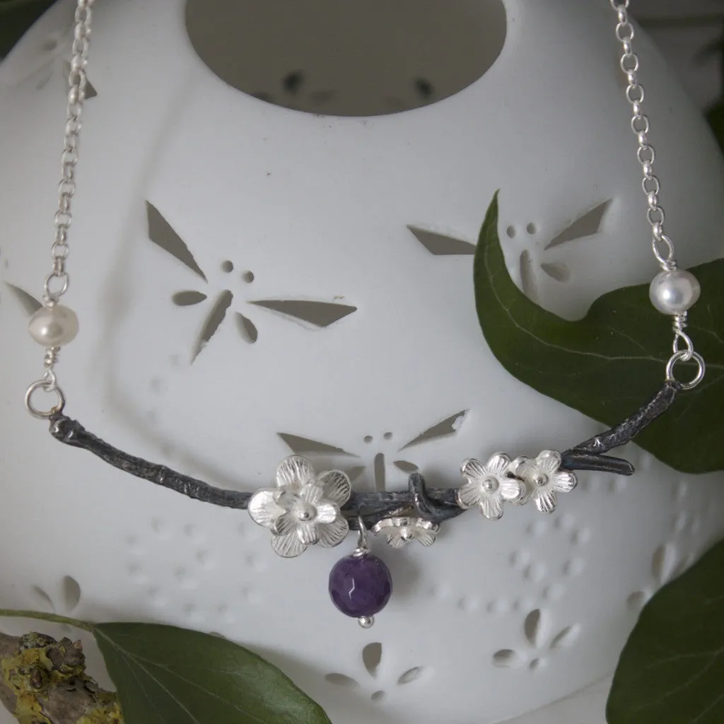 Black and Silver Cherry Blossom and  Amethyst Necklace, Flower Necklace, Woodland Necklace