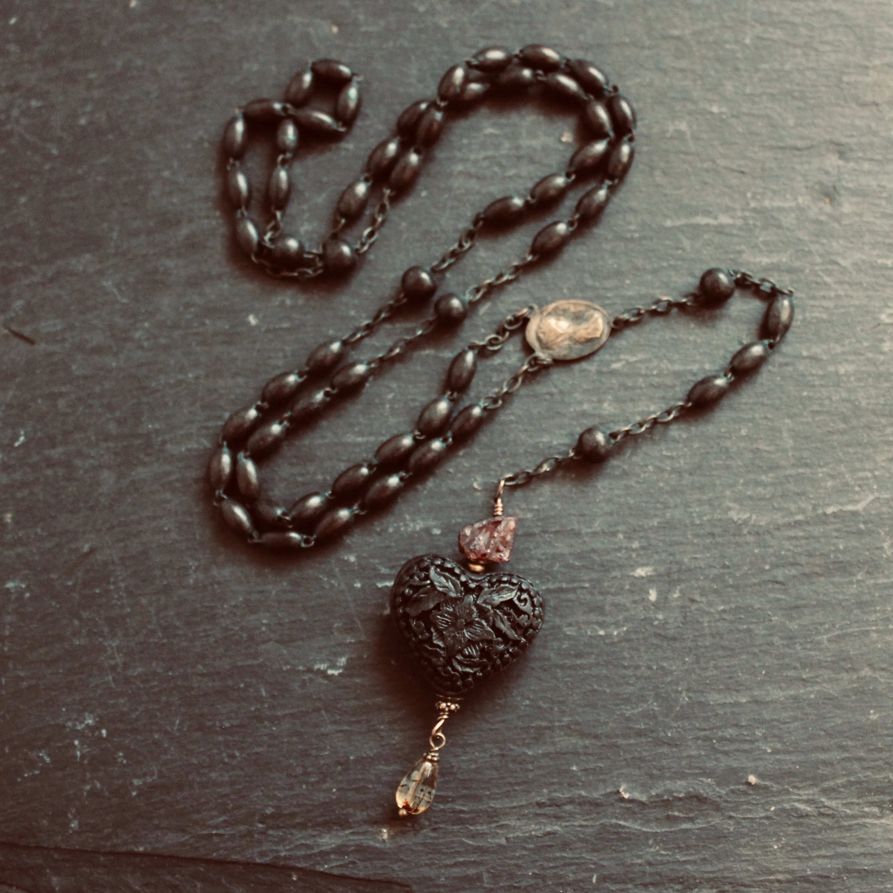 Black Hearted Love Gothic Rosary Necklace