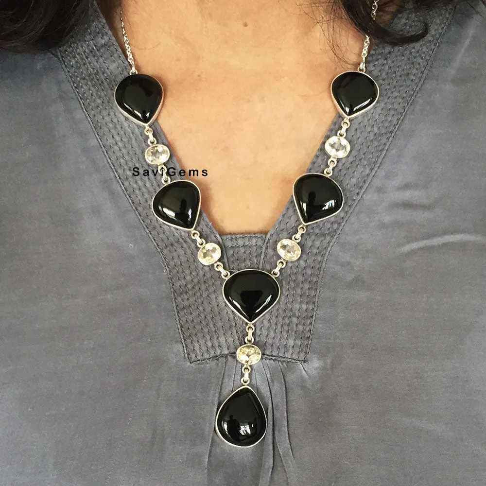 Black Onyx & Citrine Statement Sterling Silver Necklace