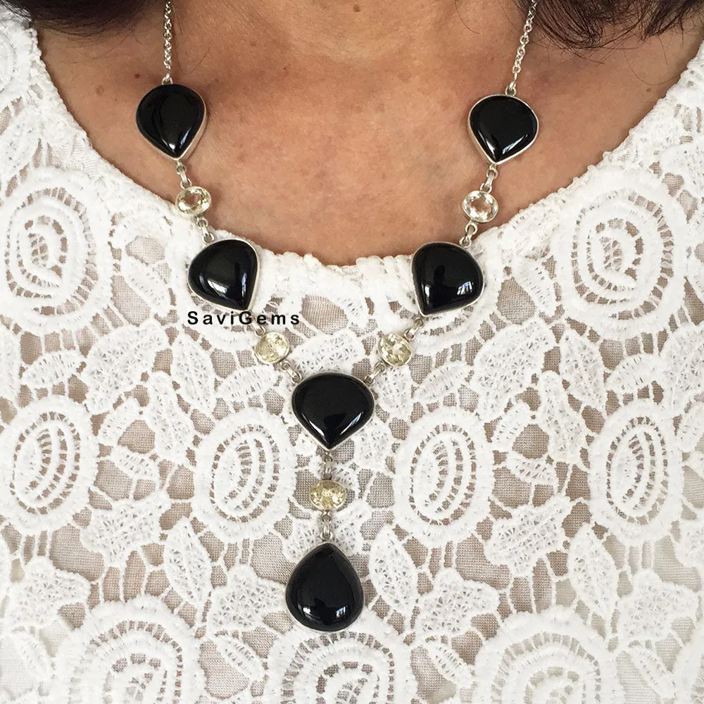Black Onyx & Citrine Statement Sterling Silver Necklace