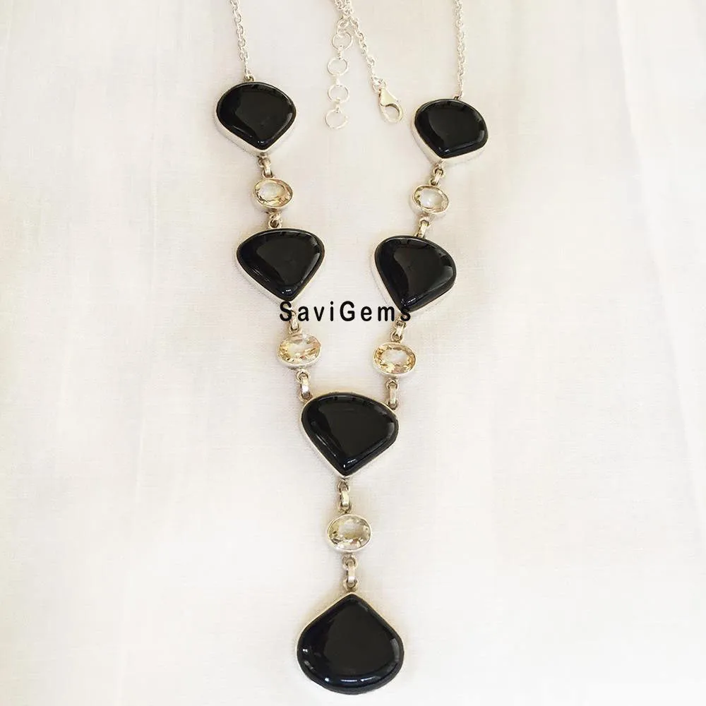 Black Onyx & Citrine Statement Sterling Silver Necklace